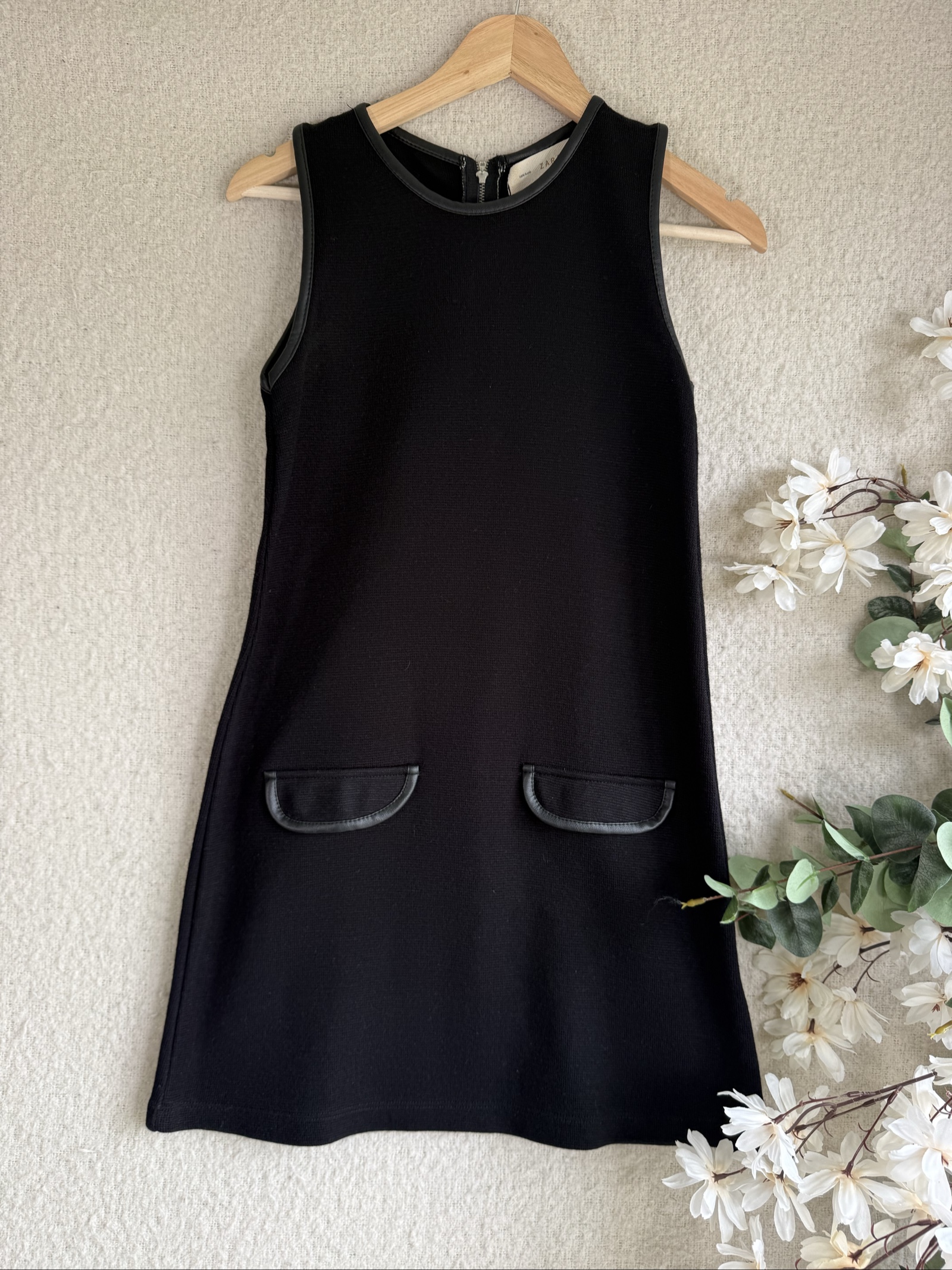 Zara Black Sleeveless Dress UK S Leather Trim Pockets Chic Shift Style