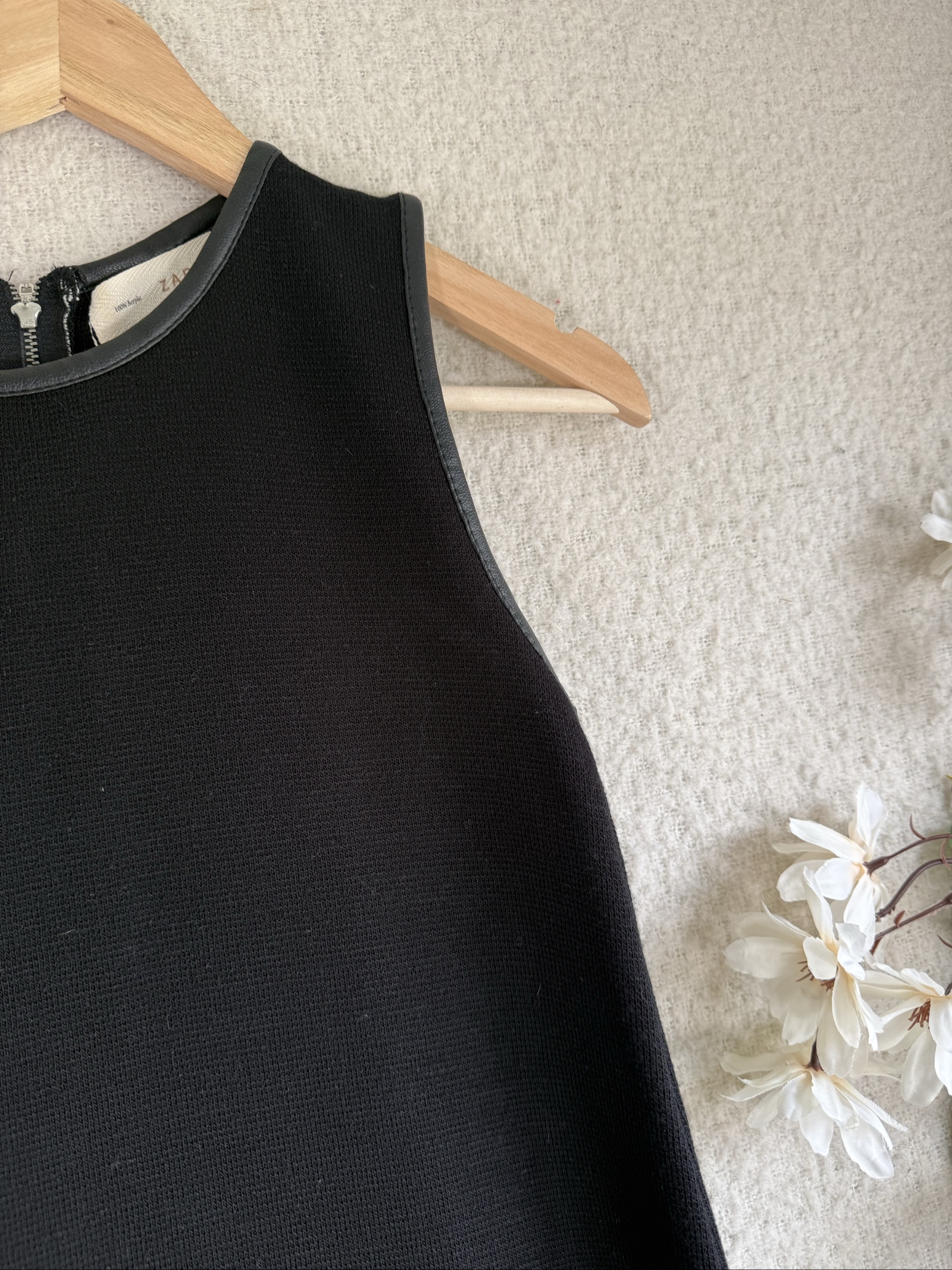 Zara Black Sleeveless Dress UK S Leather Trim Pockets Chic Shift Style image 2