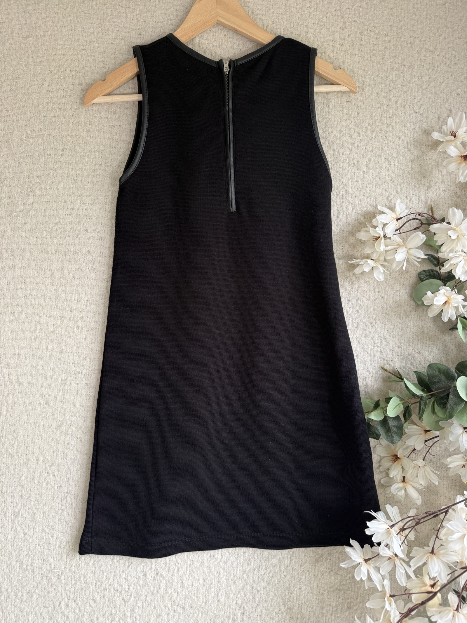Zara Black Sleeveless Dress UK S Leather Trim Pockets Chic Shift Style image 4