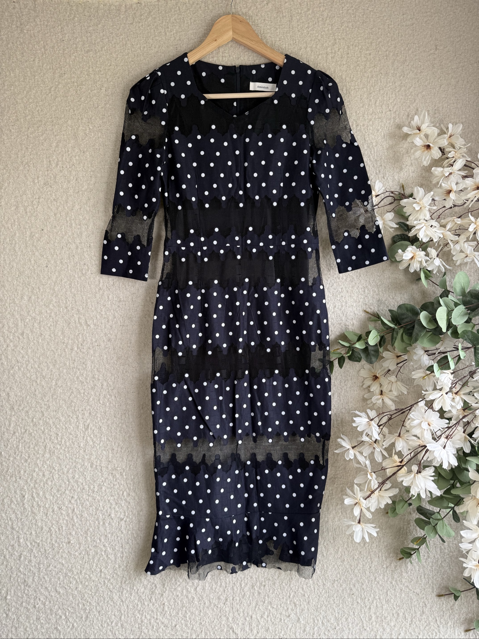 Attention Navy & White Polka Dot Lace Trim Midi Dress UK 10 Elegant Occasion