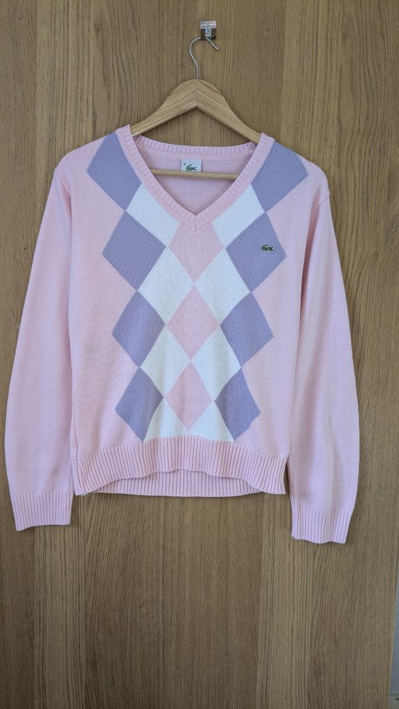Lacoste Pink & Purple Argyle V-Neck Jumper Medium 100% Cotton