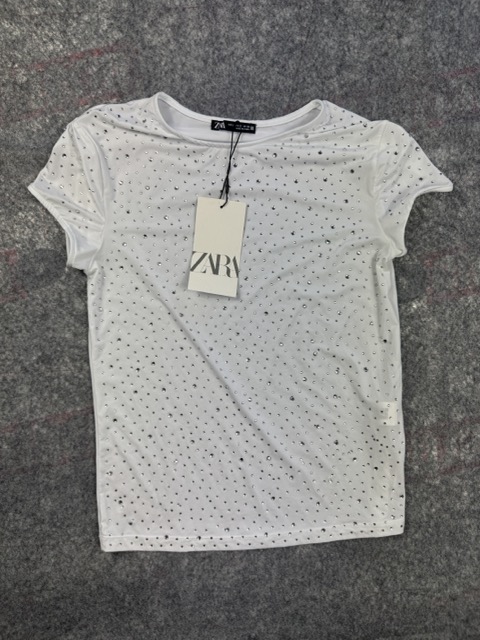 Zara White T-Shirt with Rhinestones Glitter Detail Size S