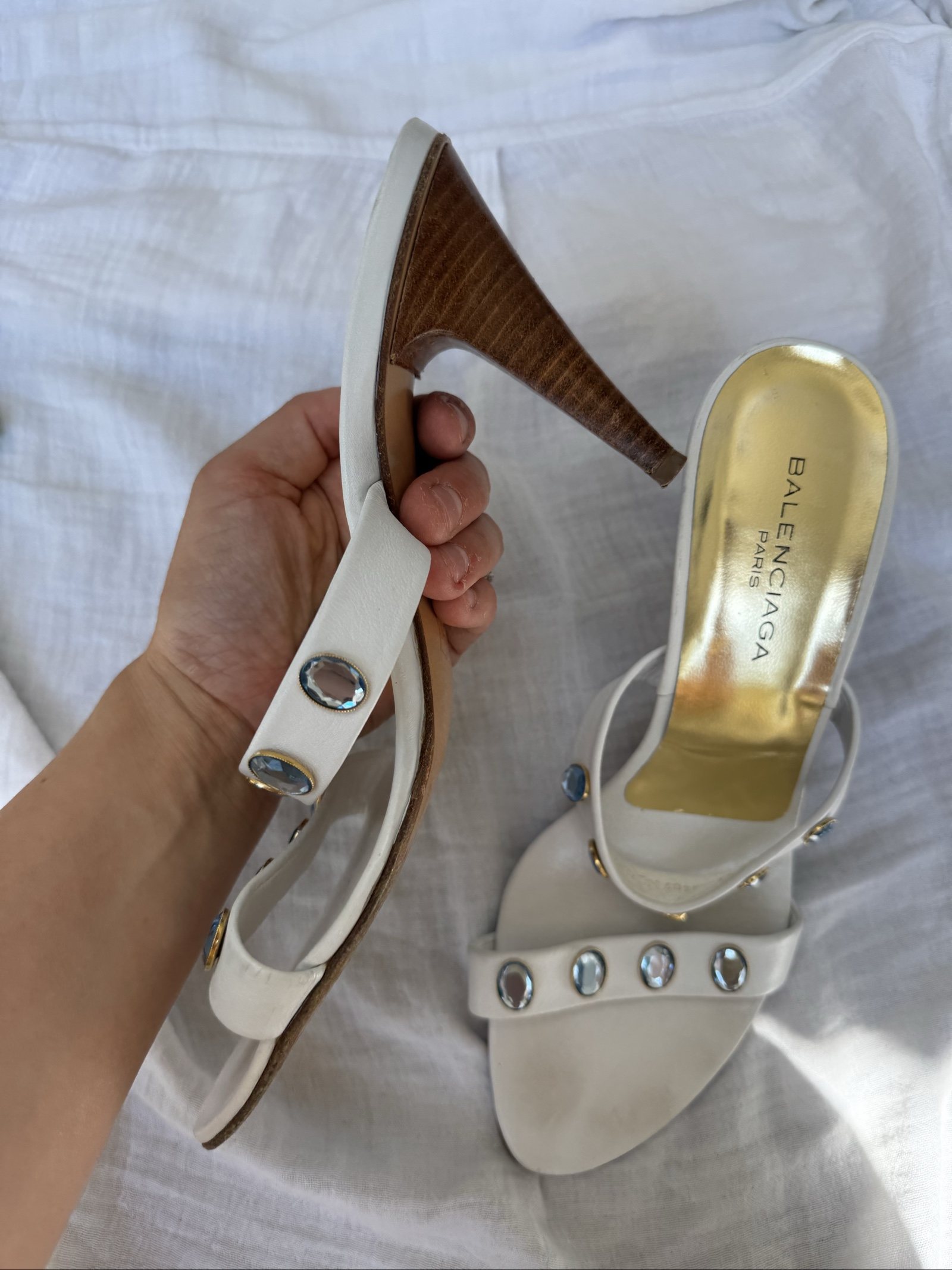 Balenciaga White Leather Gem Embellished Heels UK 5.5 image 5