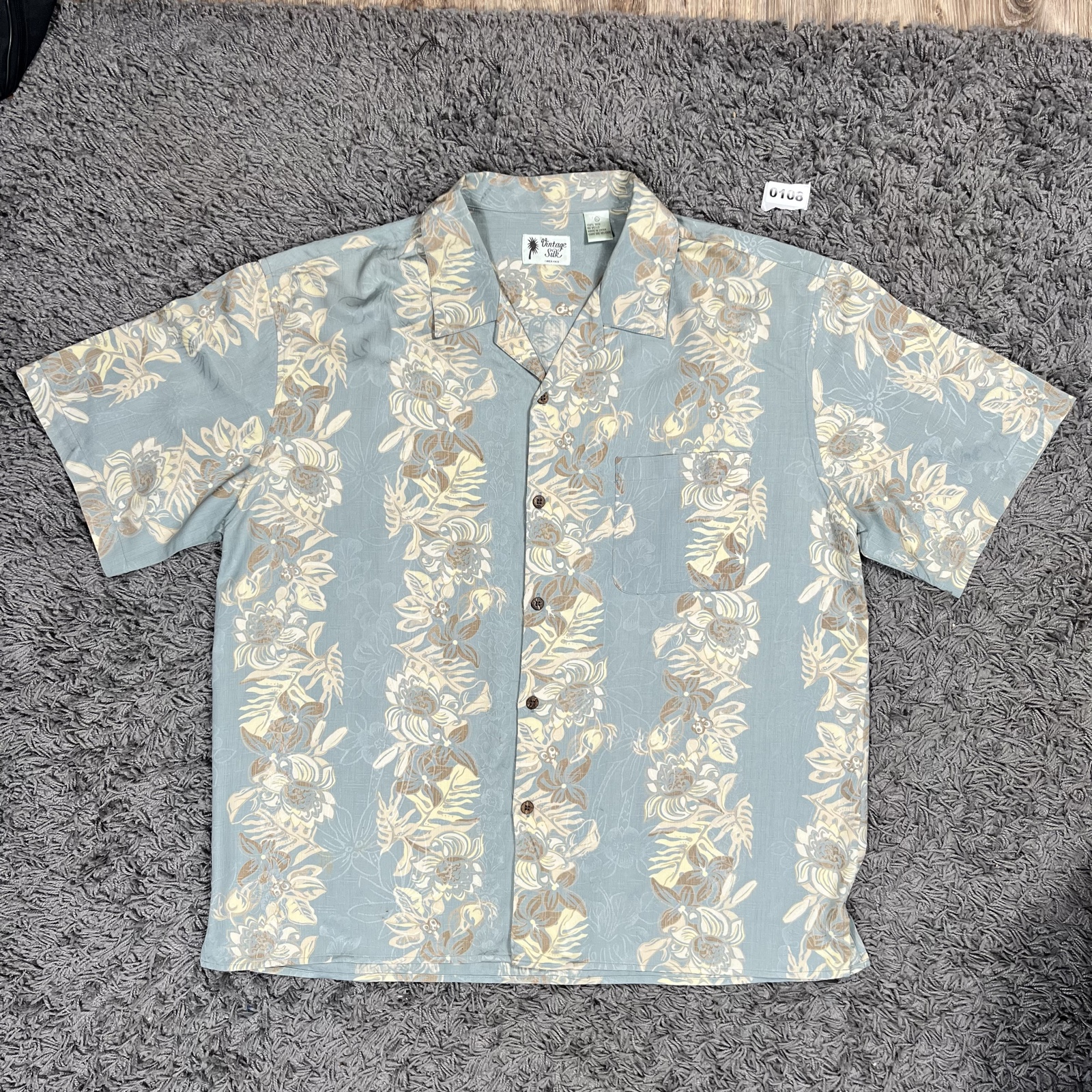 Vintage Silk Blue & Beige Floral Hawaiian Shirt Large