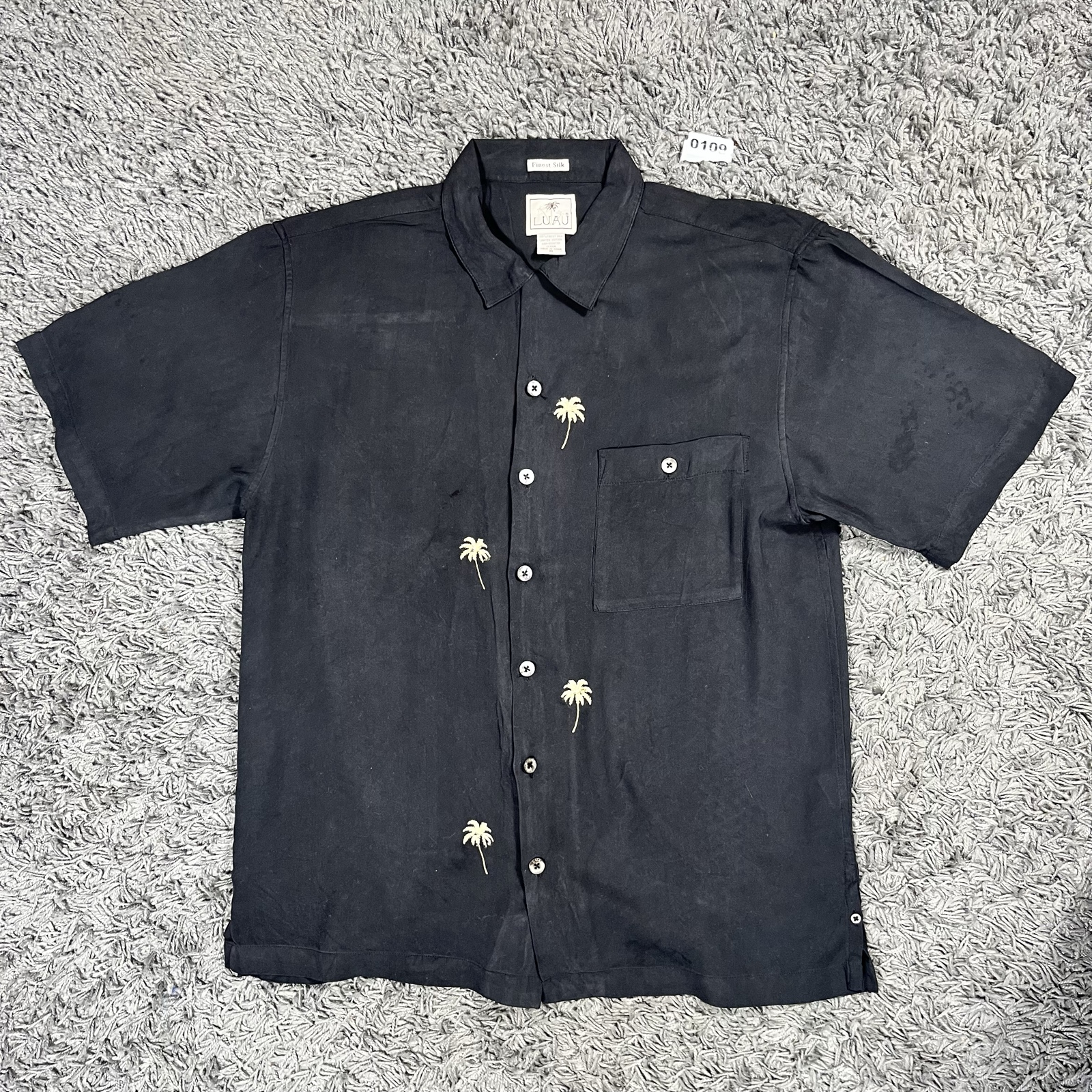 Luau Black Silk Short Sleeve Shirt M Palm Tree Embroidery