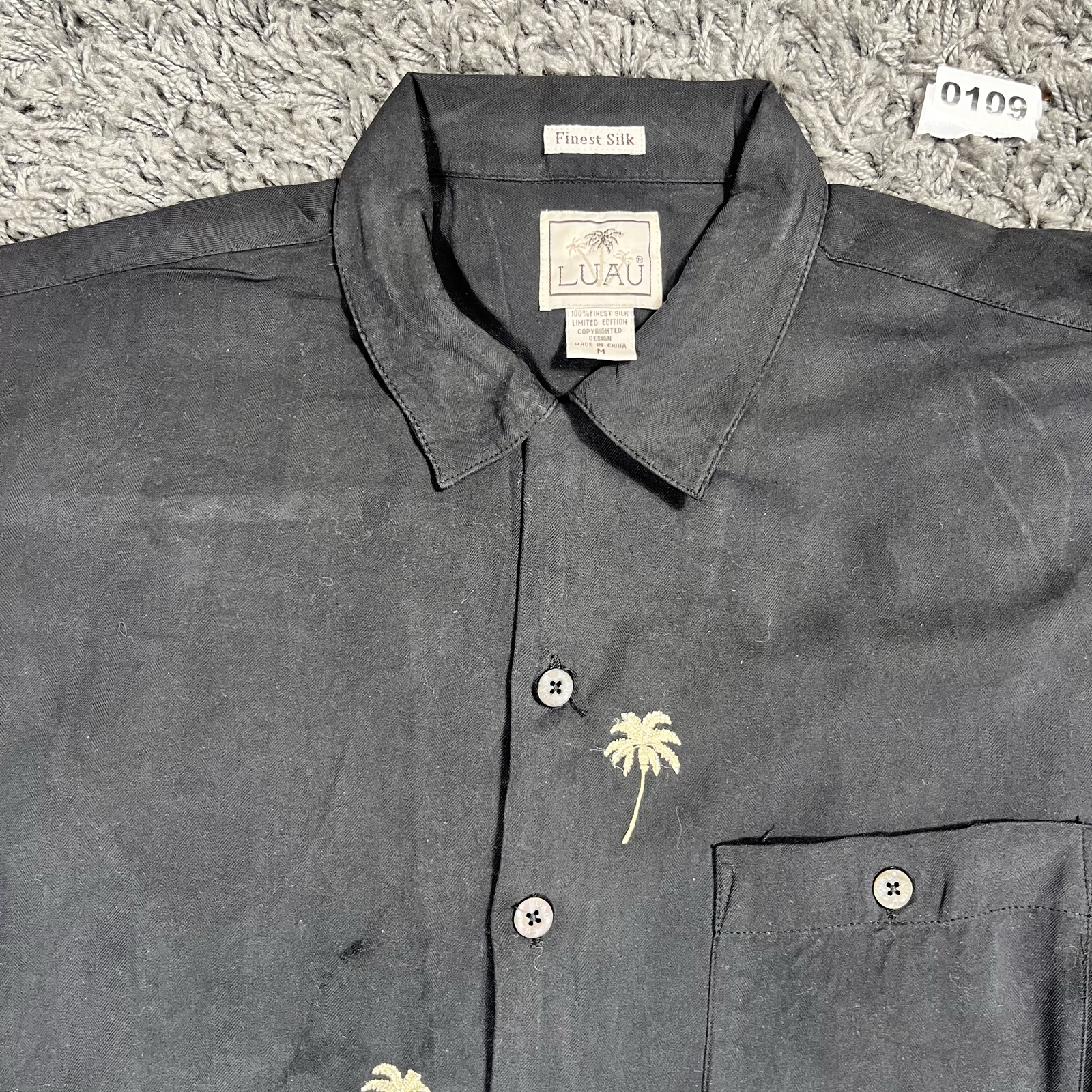Luau Black Silk Short Sleeve Shirt M Palm Tree Embroidery image 2