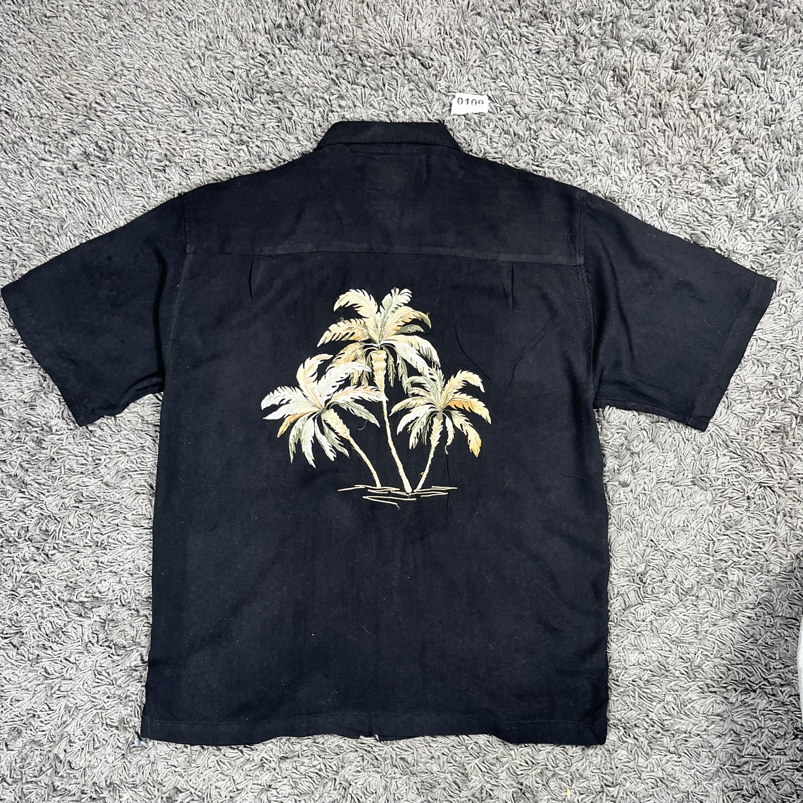 Luau Black Silk Short Sleeve Shirt M Palm Tree Embroidery image 7