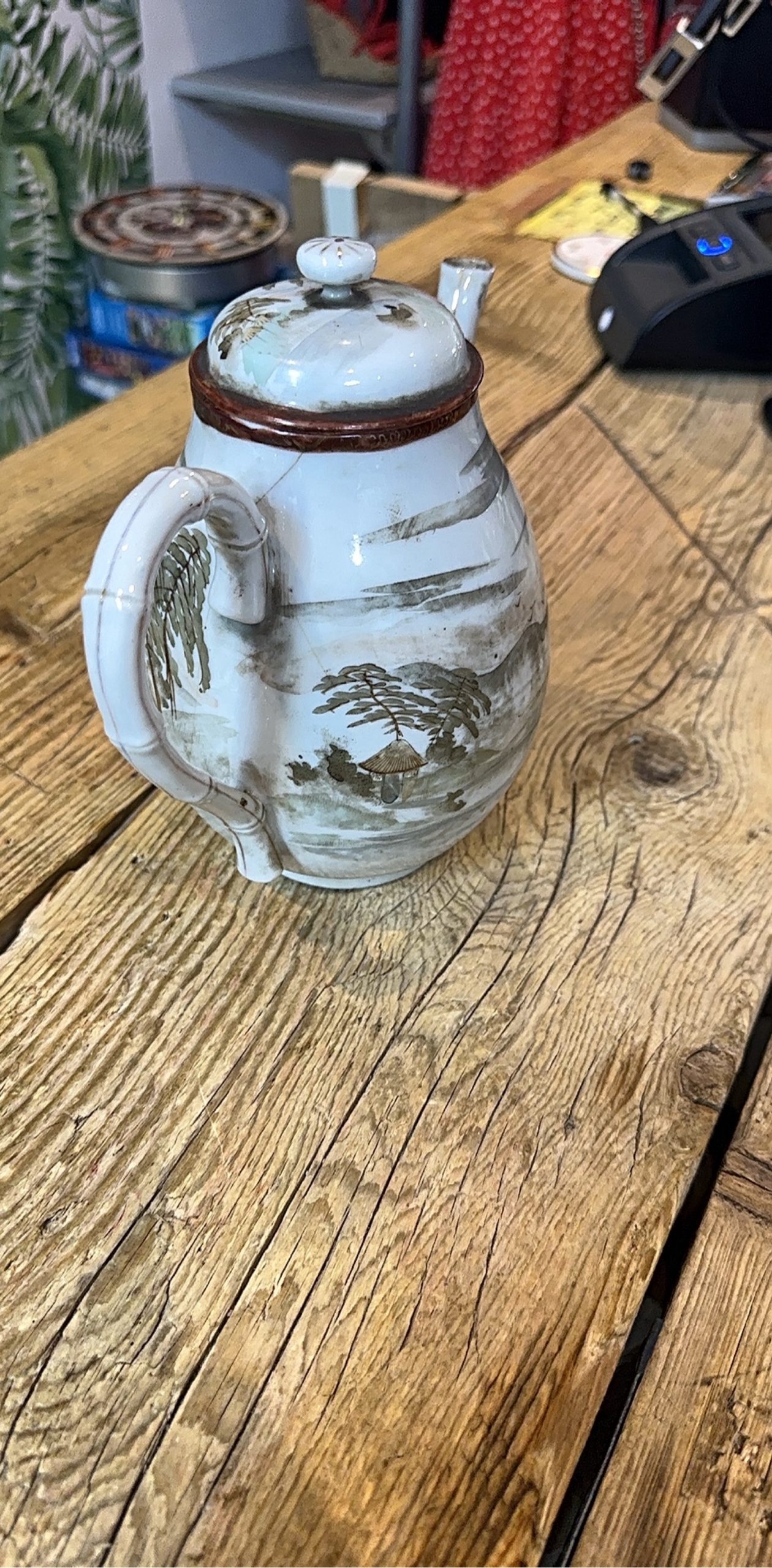 Vintage White Ceramic Teapot with Asian Landscape Design