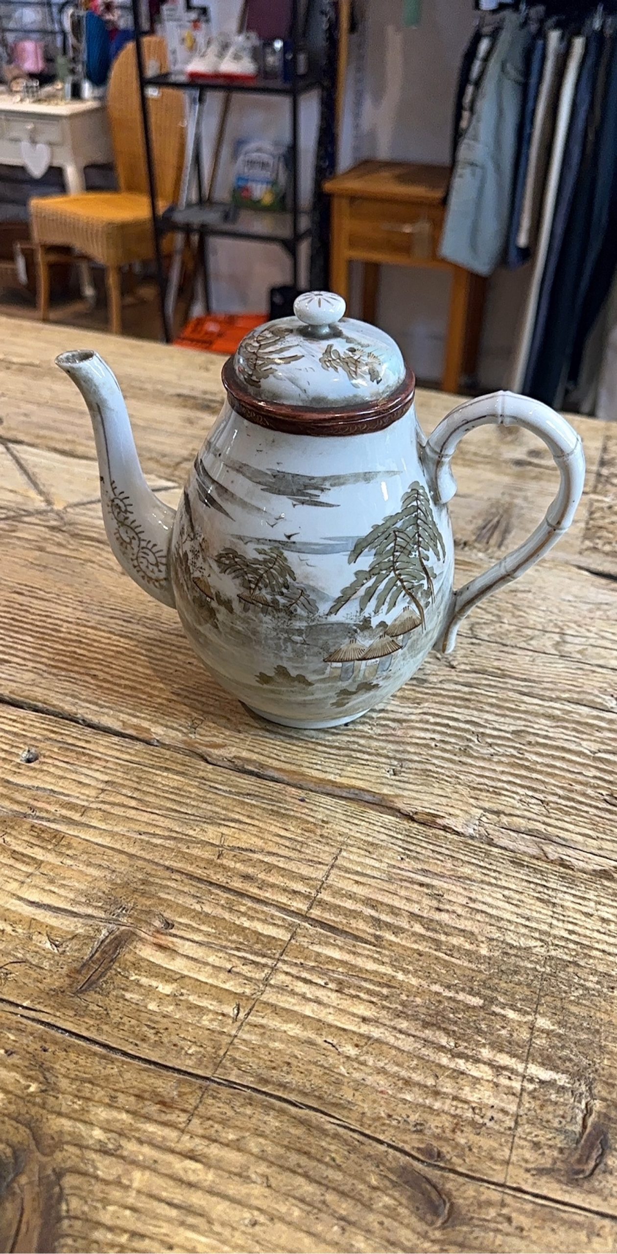 Vintage White Ceramic Teapot with Asian Landscape Design image 2