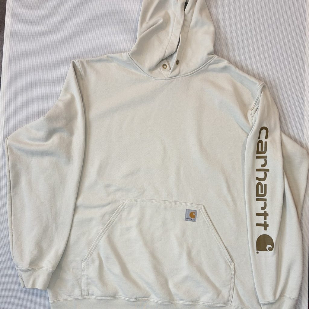 Carhartt K288 Signature Sleeve Logo Hoodie Cream Off White XL Loose Fit 50/50 Workwear