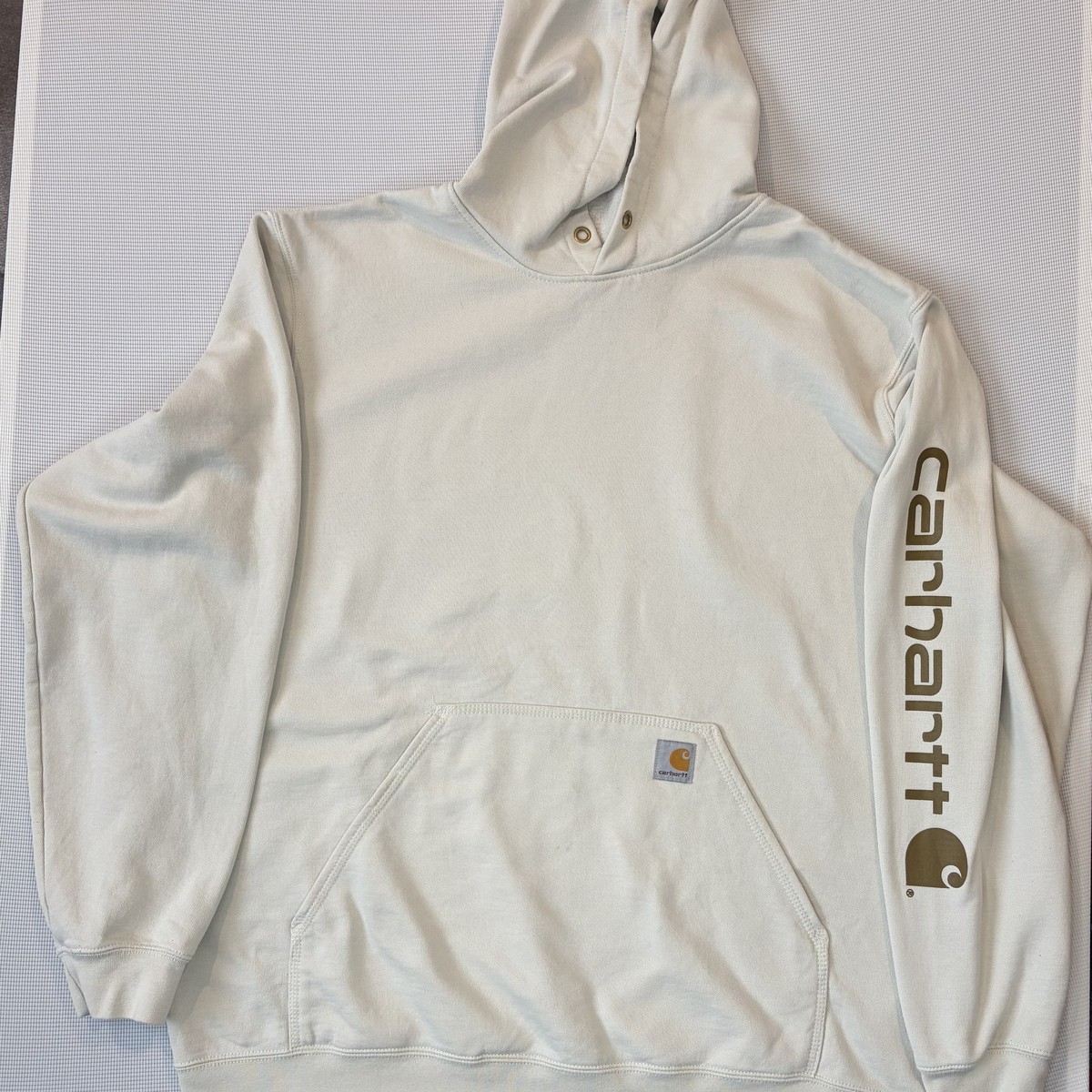 Carhartt K288 Signature Sleeve Logo Hoodie Cream Off White XL Loose Fit 50/50 Workwear