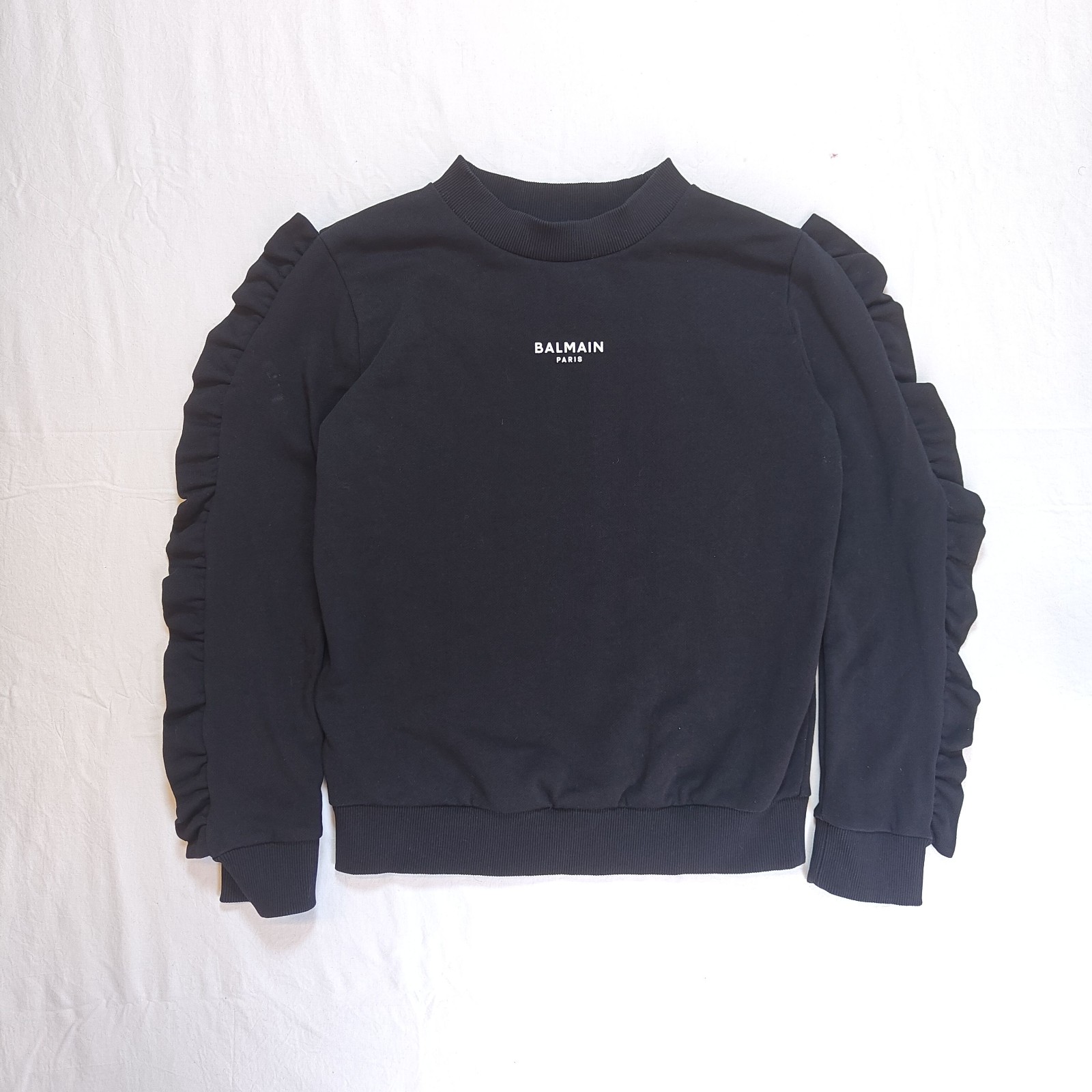 Balmain Paris Ruffle Sleeve Sweatshirt Pullover Womens Black Size 4-6 Small