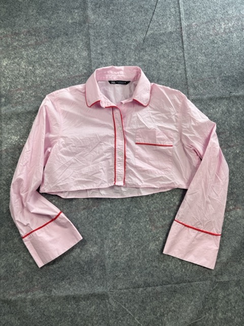 Zara Pink Cropped Shirt XS Red Piping Detail