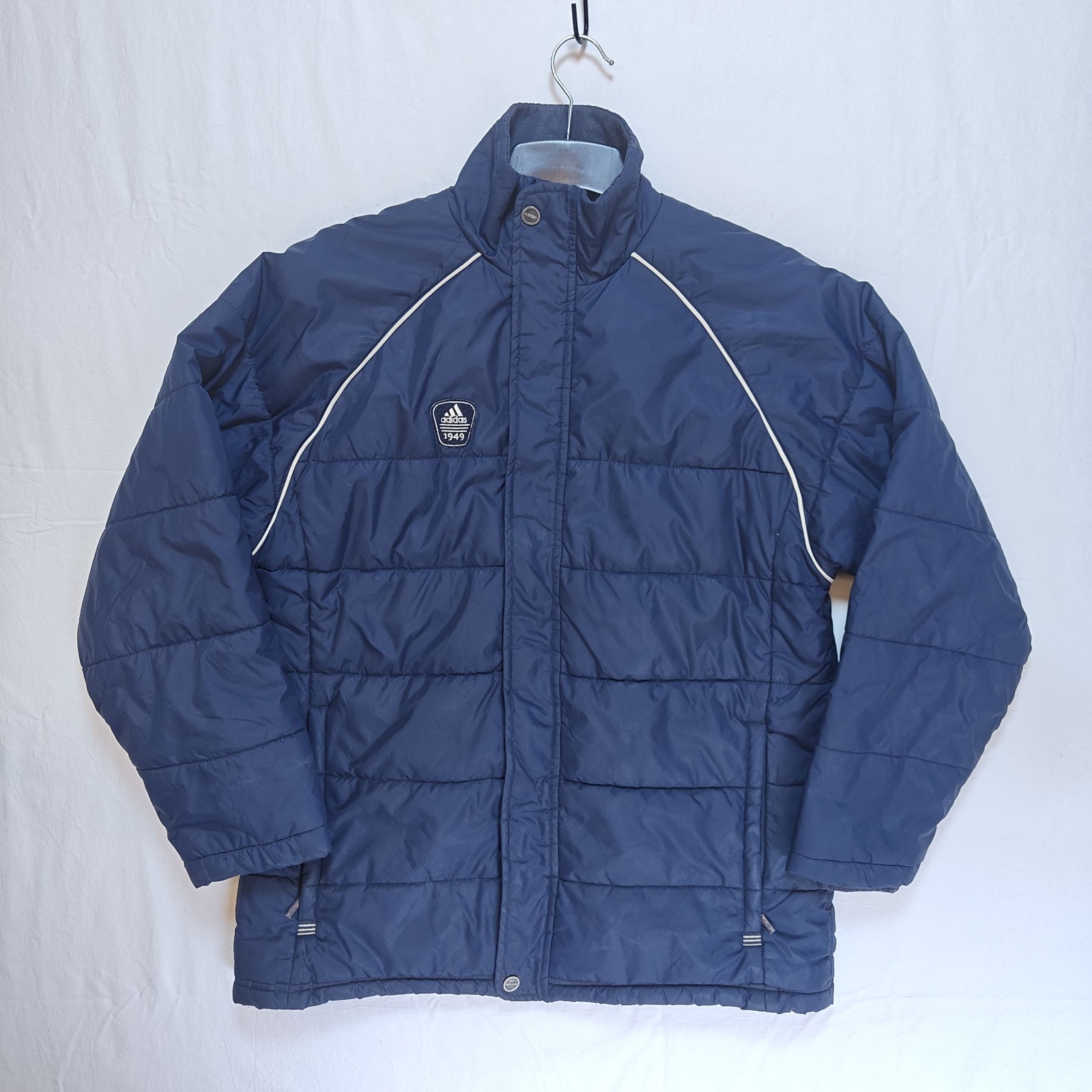 Vintage Adidas Y2K 1949 Badge Puffer Jacket Reflective Trim Men's Navy Small / XS