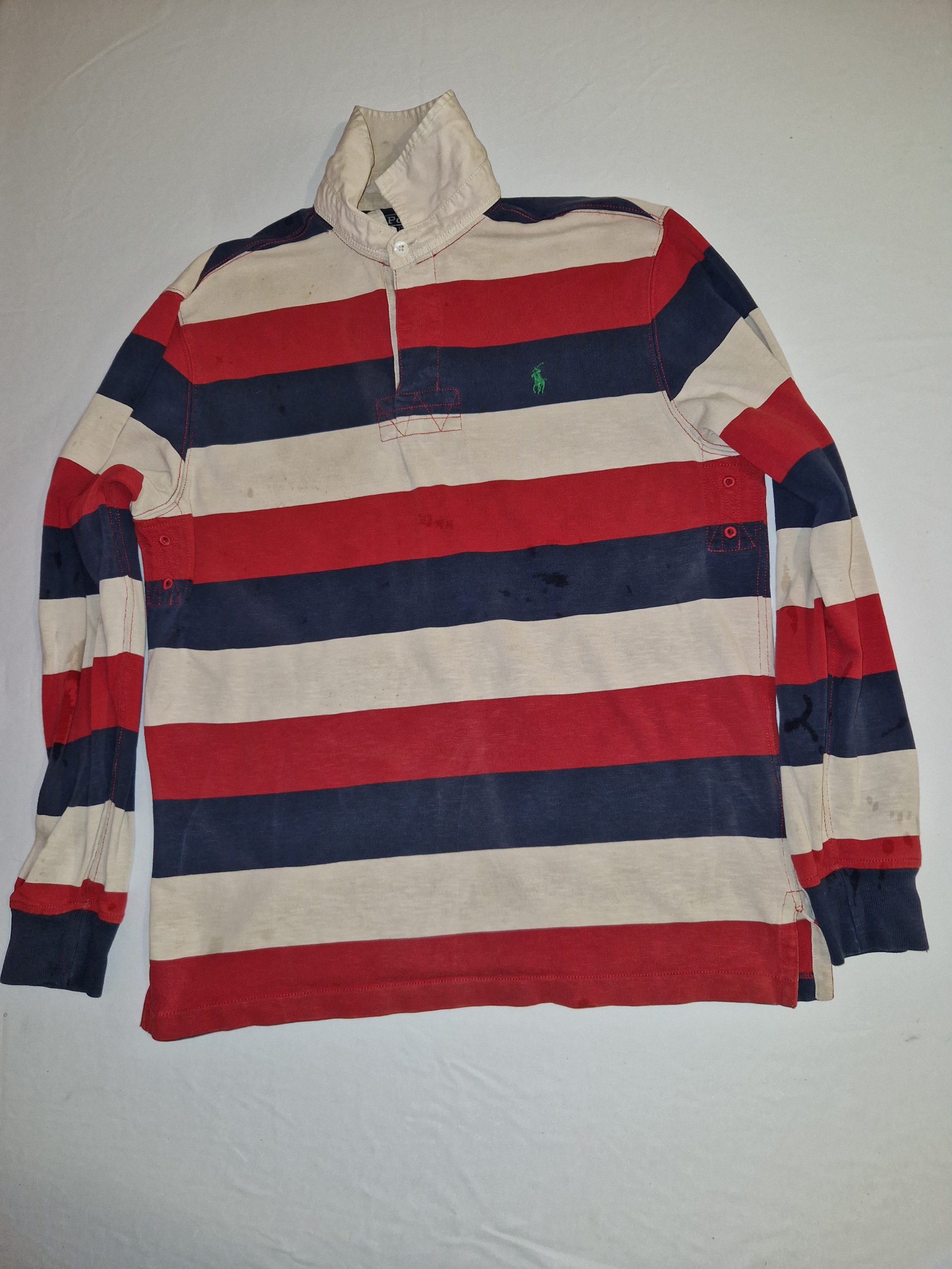 Polo Ralph Lauren Red, Navy & Cream Striped Rugby Shirt Custom Fit Men's Large