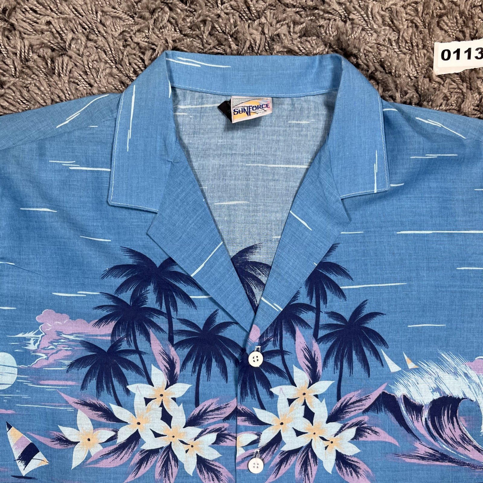 Sunforce Blue Floral Print Hawaiian Shirt Medium 50% Polyester image 2