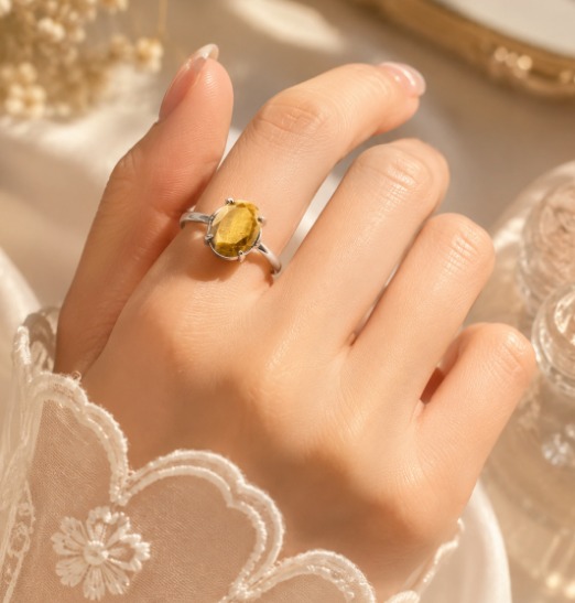 Silver Yellow Tiger's Eye Oval Ring Adjustable Size