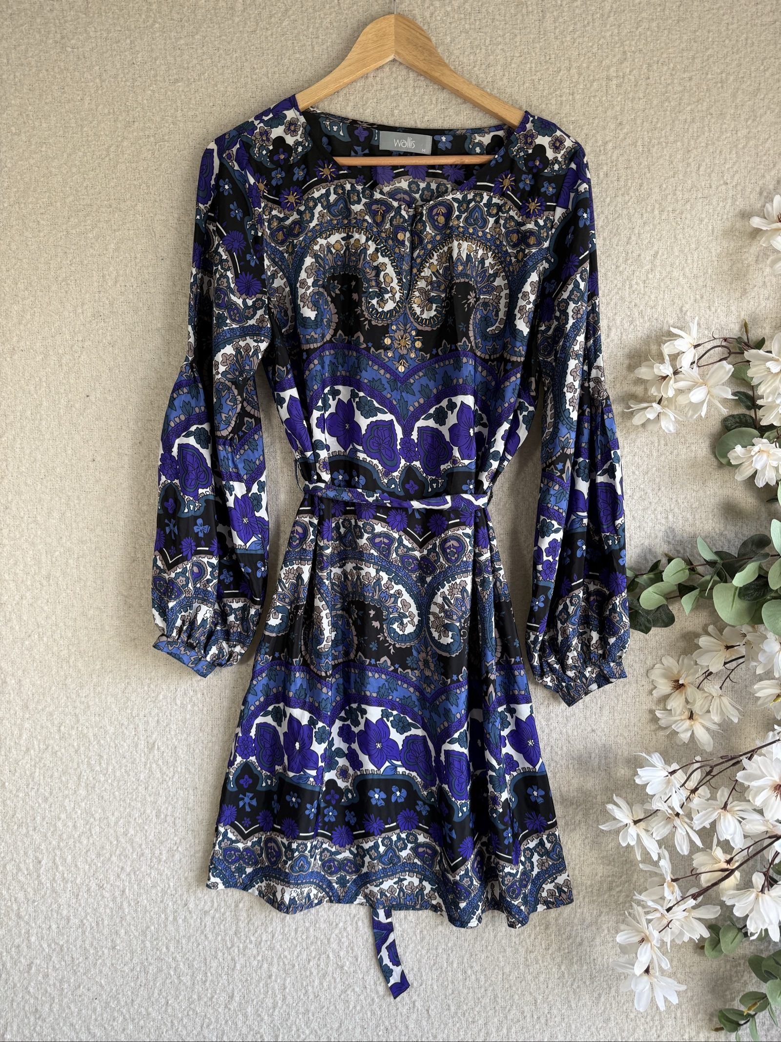 Wallis Blue & Black Floral Paisley Print Silk Dress UK Medium Belted Long Sleeve