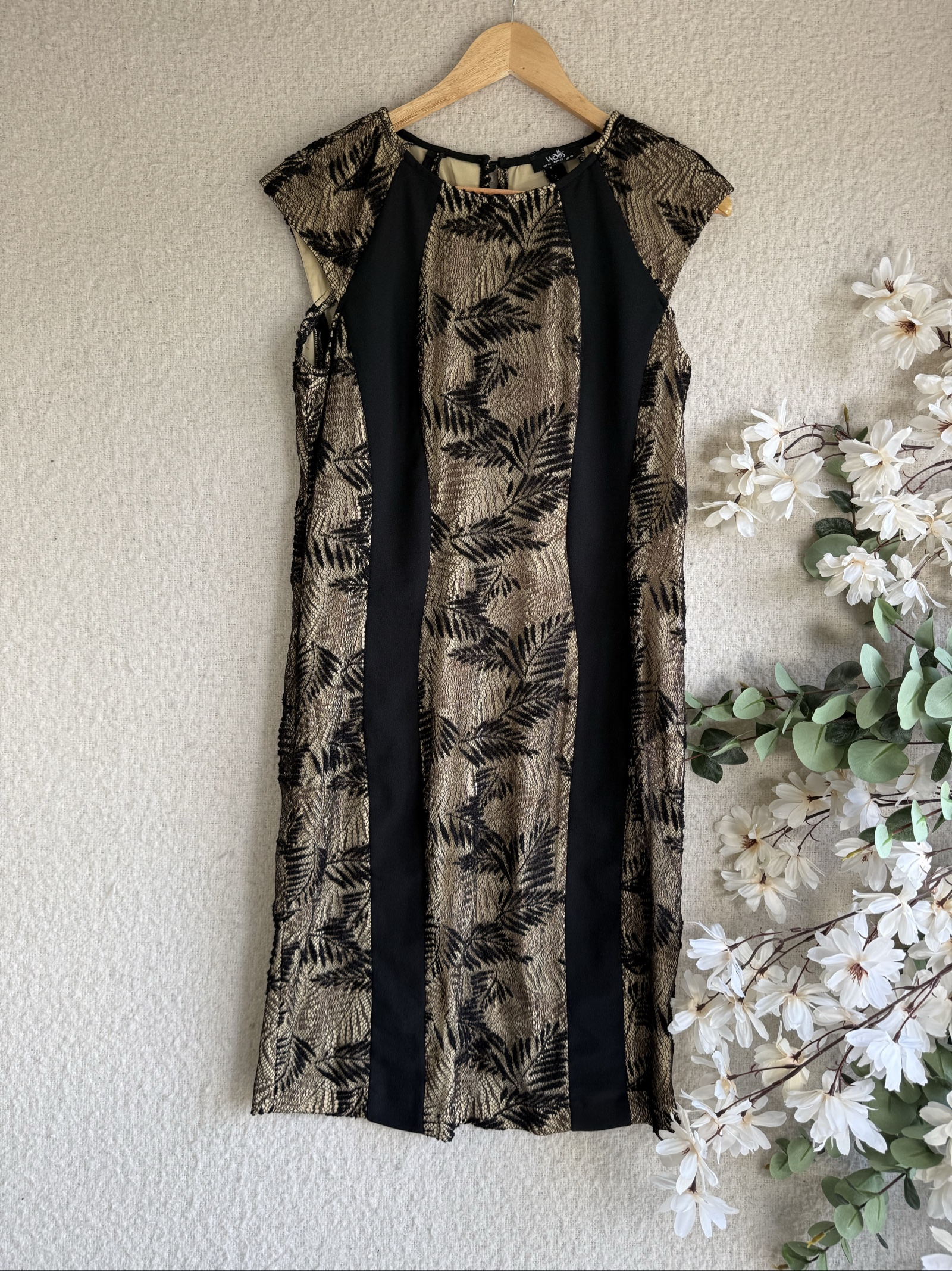 Wallis Gold & Black Lace Leaf Pattern Dress UK 14 Elegant Occasion Midi Dress