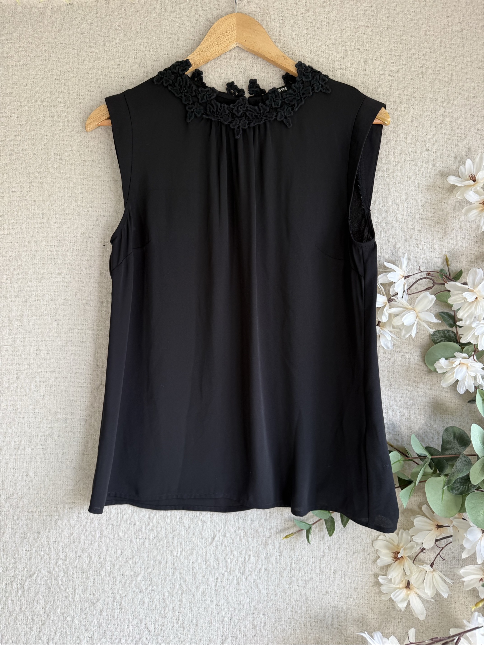 Oasis Black Sleeveless Top UK 12 Floral Embroidered Neck Elegant Workwear