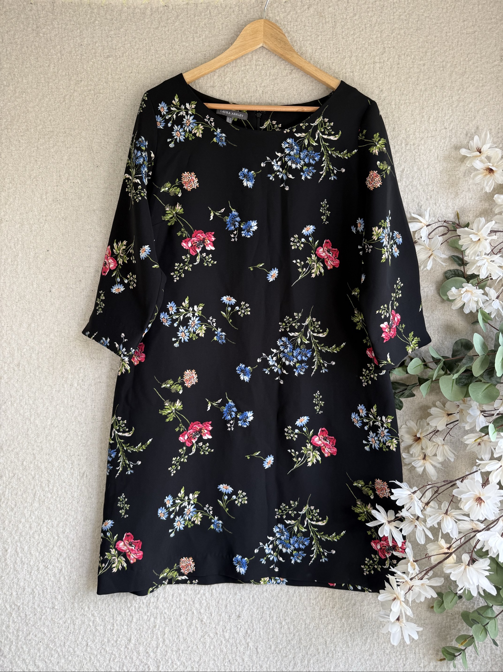 Laura Ashley Black Floral Print Dress UK 16 Elegant Occasion Wear