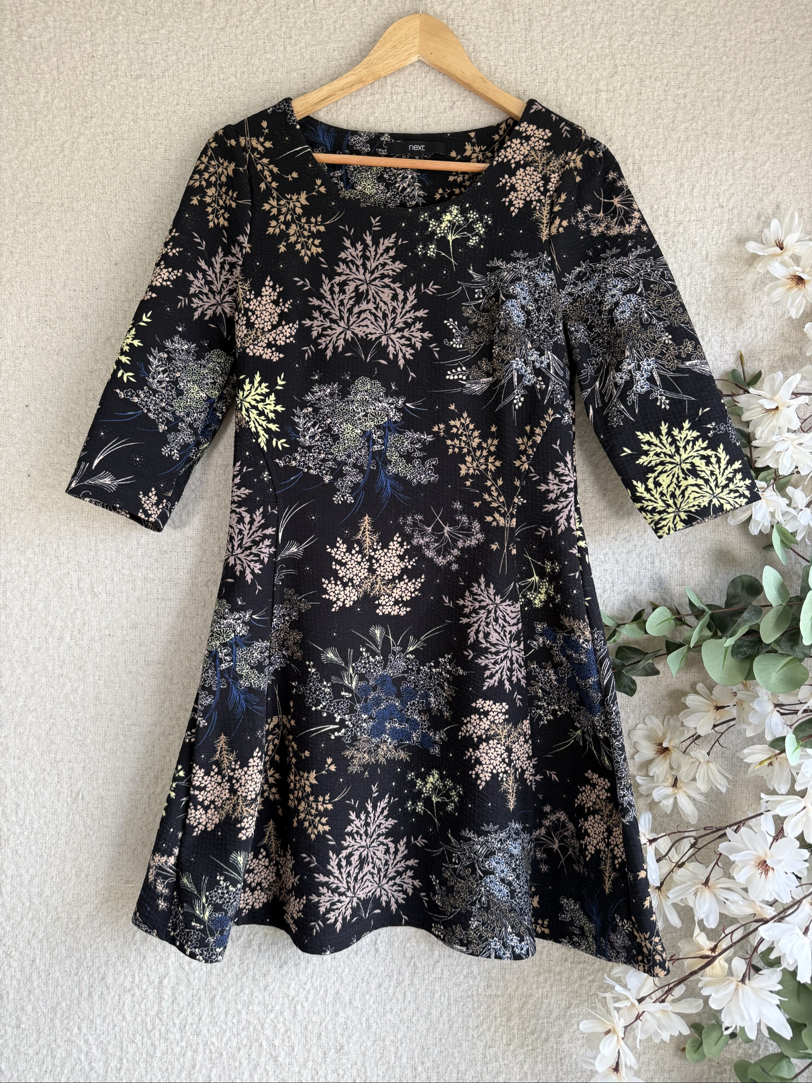 Next Black Floral Print Fit & Flare Dress UK 10 Elegant 3/4 Sleeve