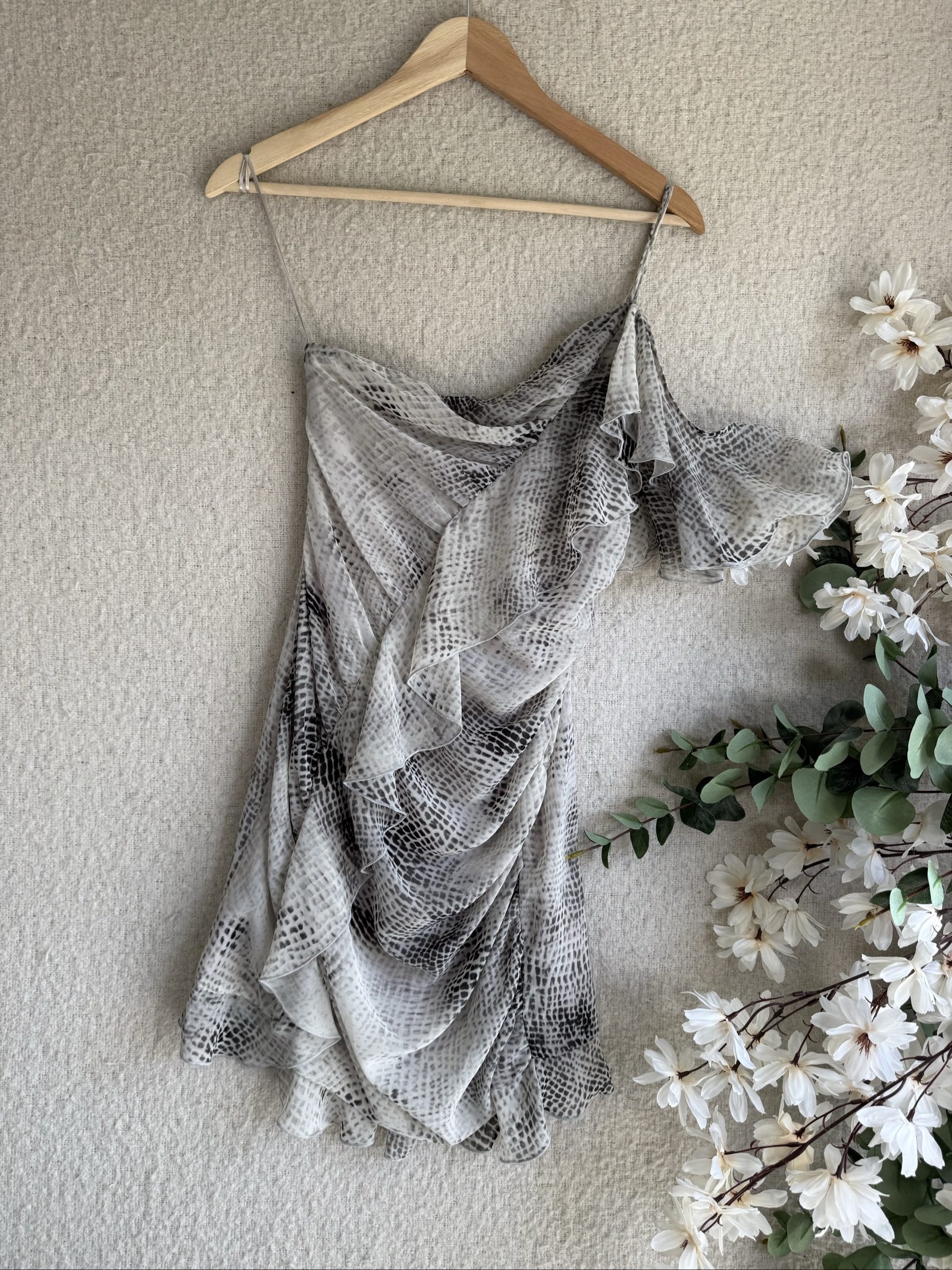Zara Grey Snake Print One-Shoulder Mini Dress UK Small Ruffled Detail