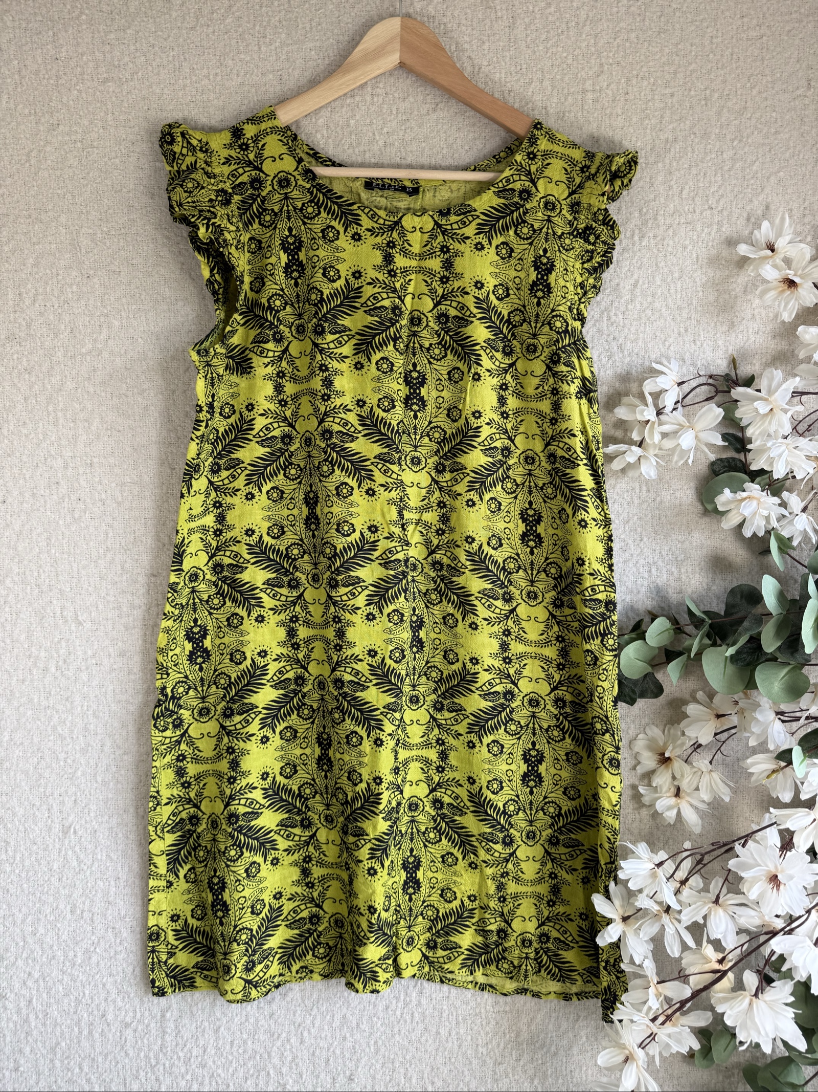 Ellie B Black Floral Print Green Cotton Dress UK Medium Casual Summer Boho