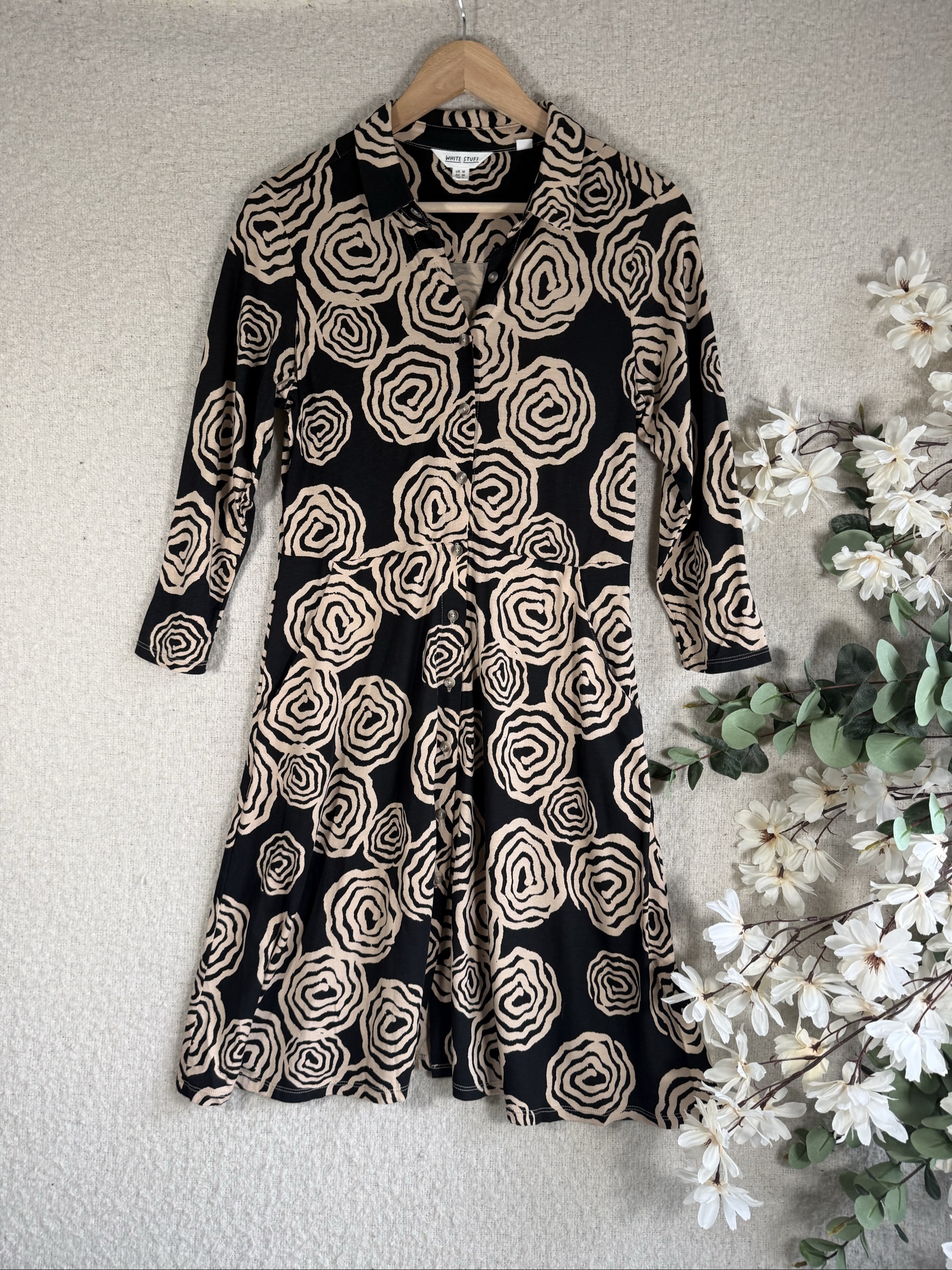 White Stuff Black & Beige Floral Print Shirt Dress UK 10 Long Sleeve Casual