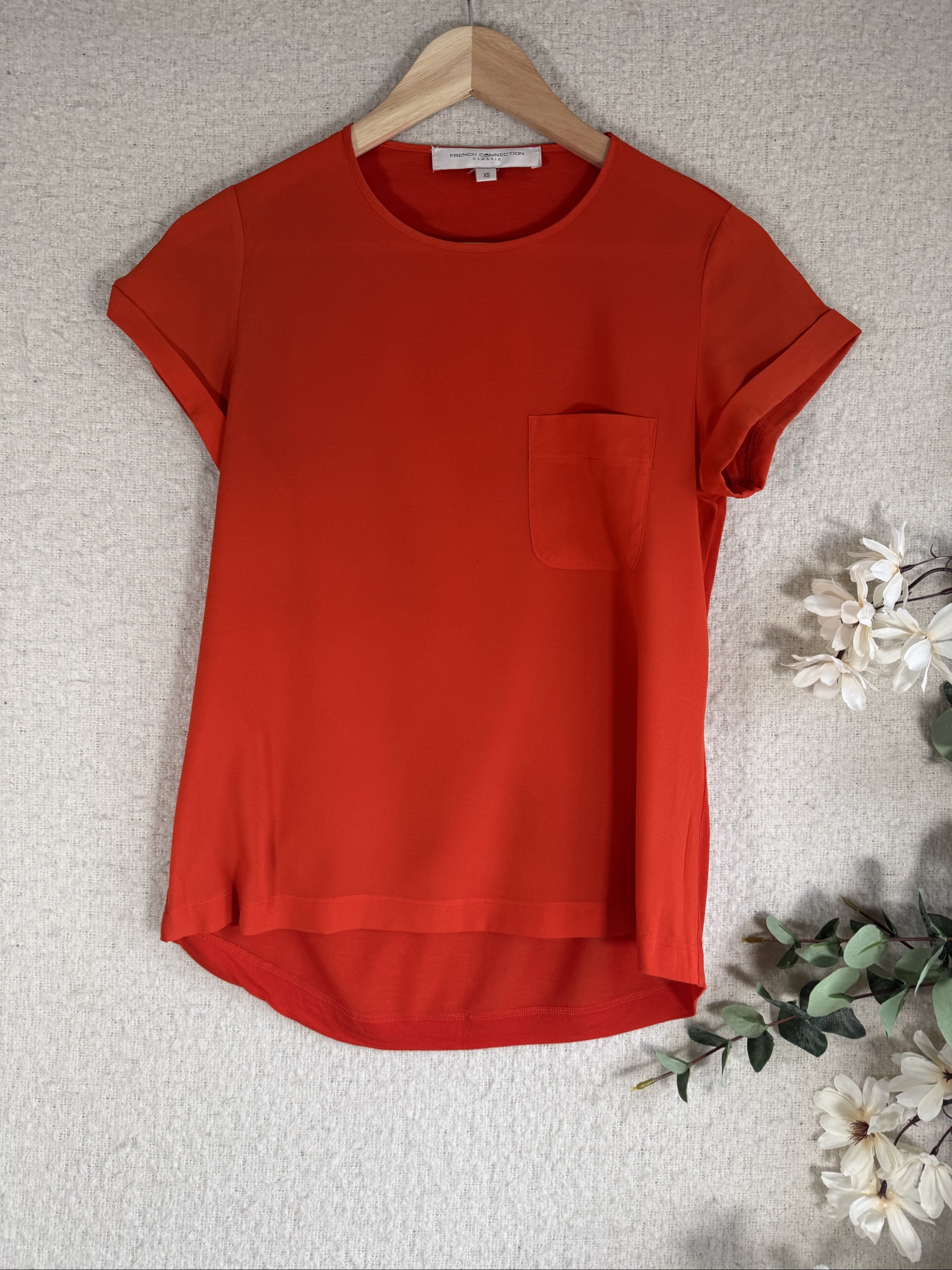 French Connection Orange Round Neck Pocket T-Shirt UK XS Classic Fit