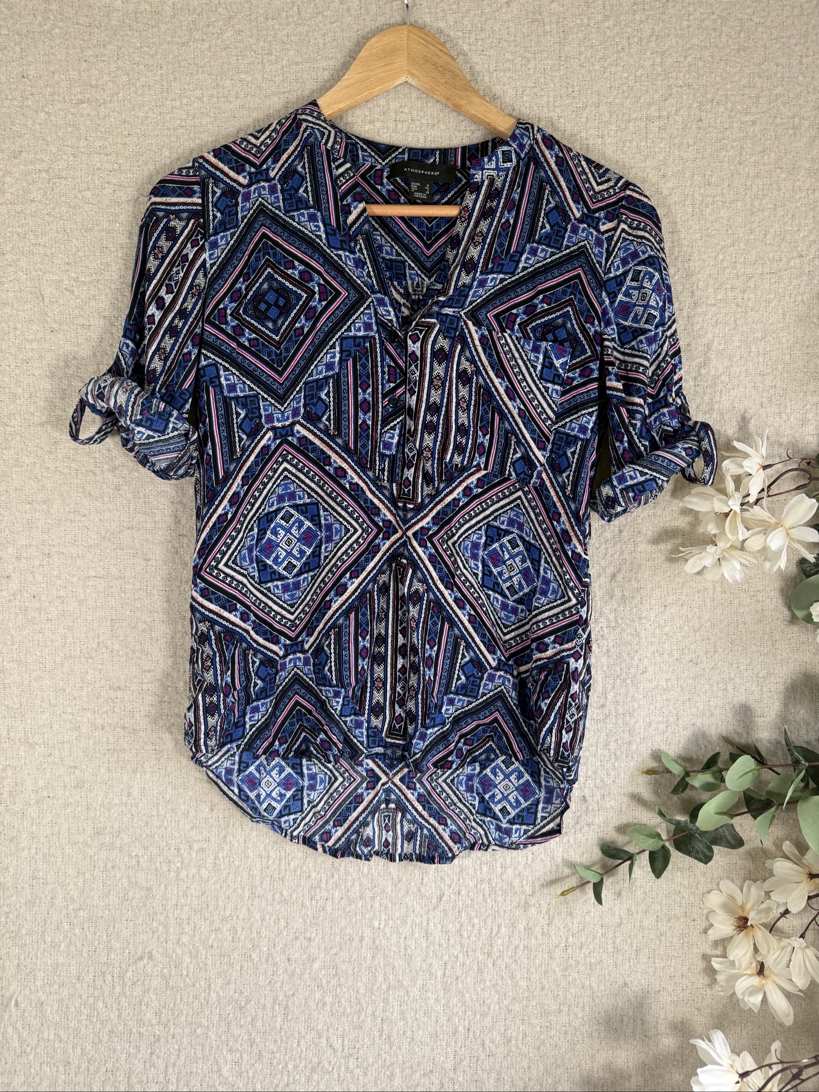 Atmosphere Blue Multi Patterned Casual Blouse UK 6 Roll Sleeve Stylish Top