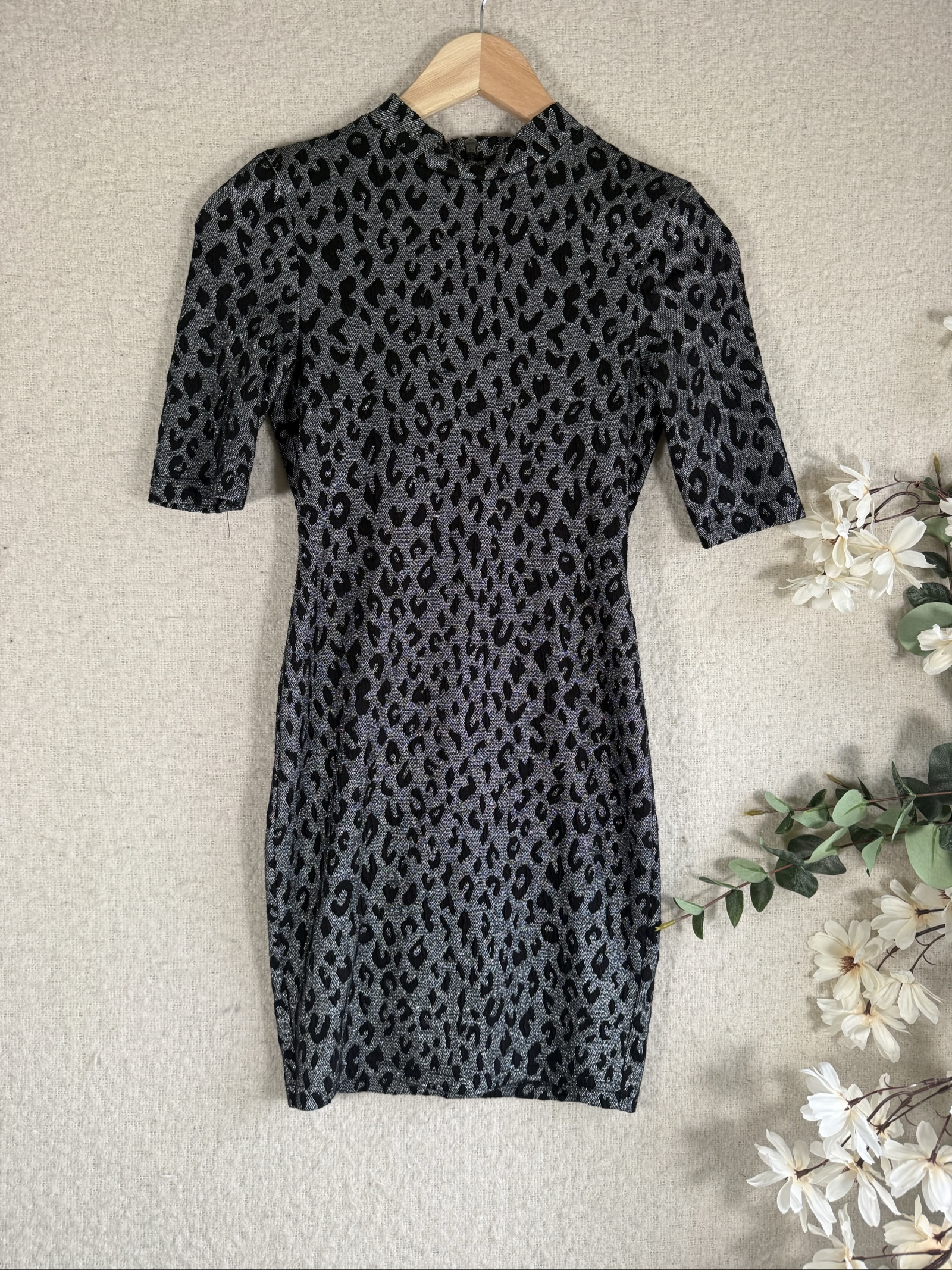 Topshop Black & Grey Leopard Print Bodycon Dress UK 6 Metallic Sheen Zip