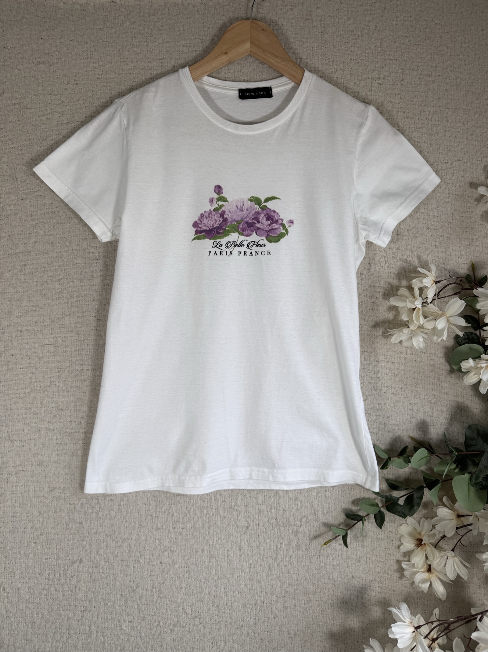 New Look White Floral Graphic T-Shirt UK 8 Soft Cotton Casual Top