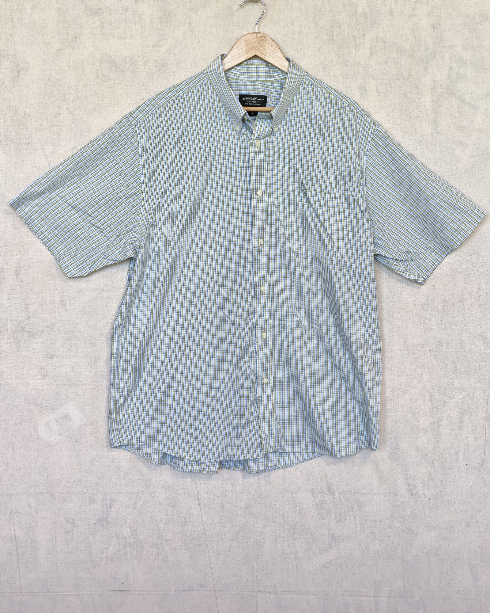 Eddie Bauer Blue & Green Checked Relaxed Fit Shirt XL 100% Cotton