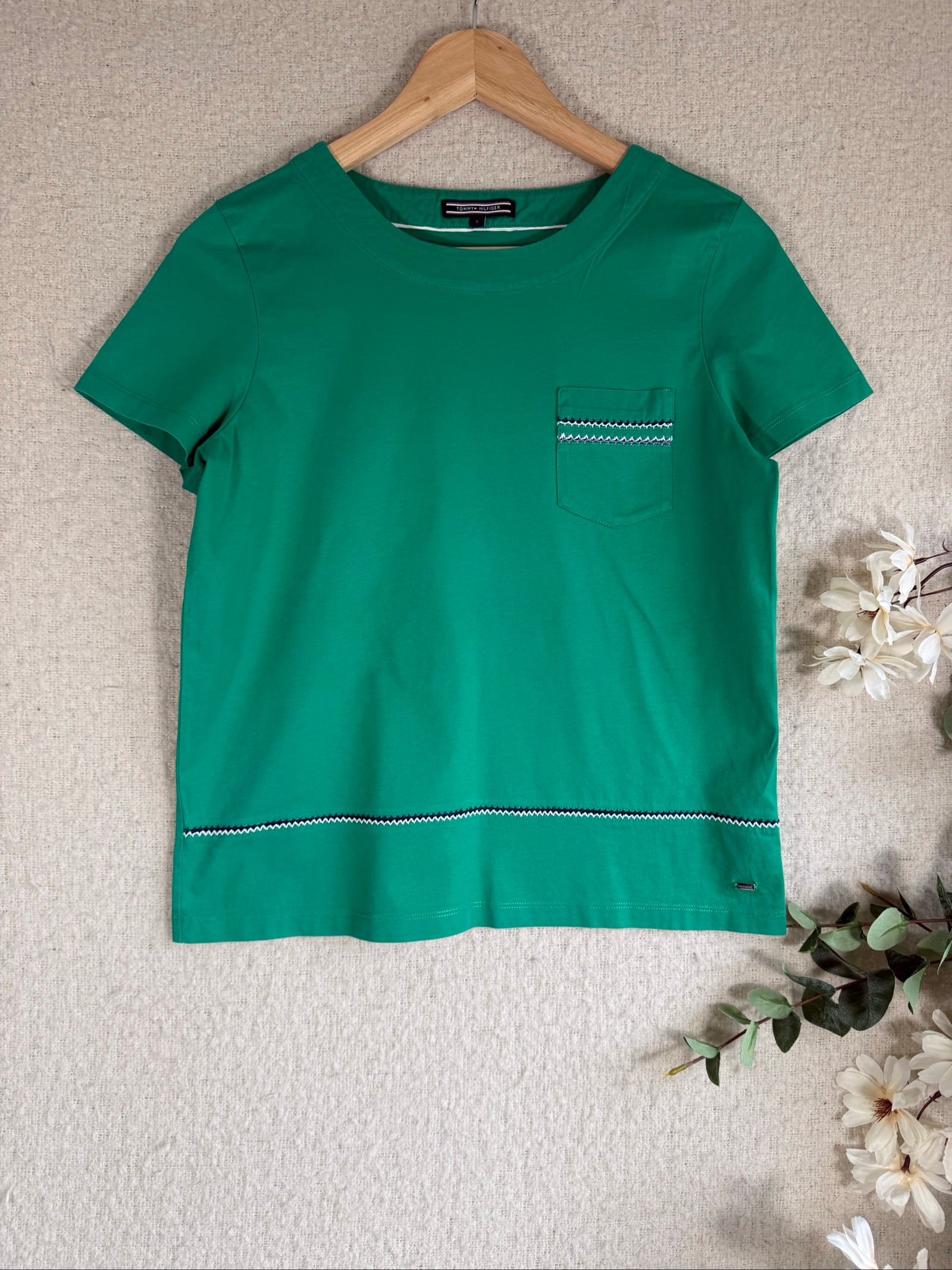 Tommy Hilfiger Green Cotton T-Shirt UK Small Pocket Detail Casual Top