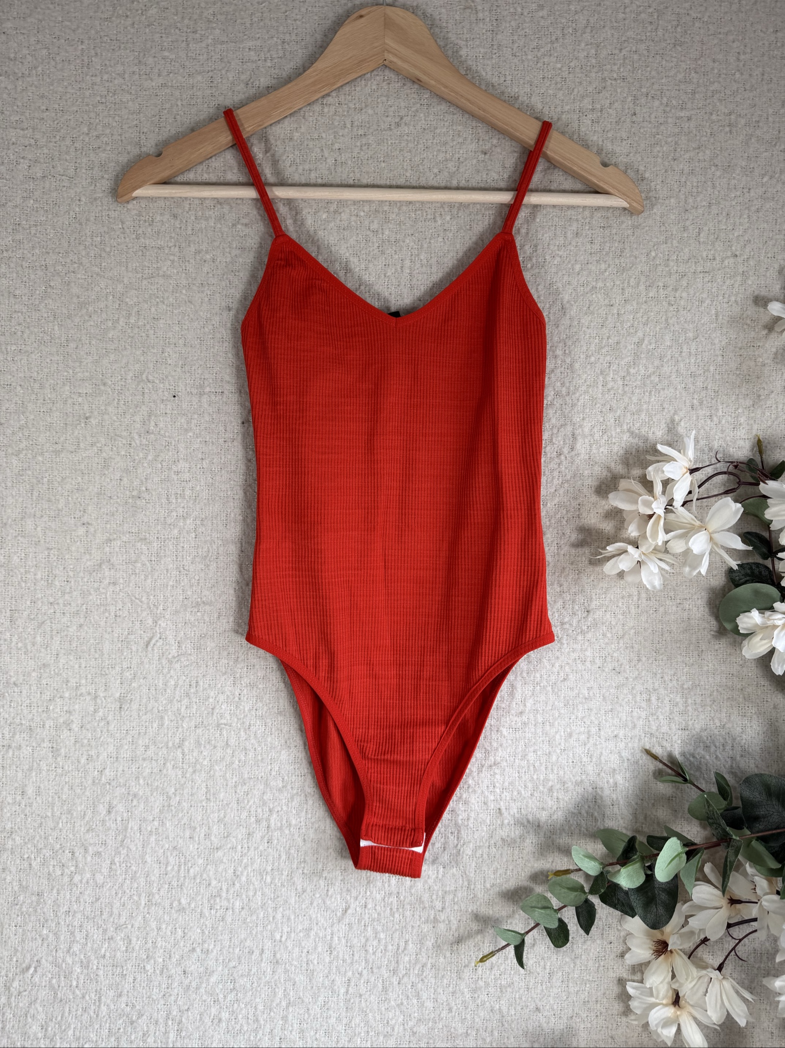 Topshop Red Ribbed Bodysuit UK 8 Slim Fit V Neck Sleeveless