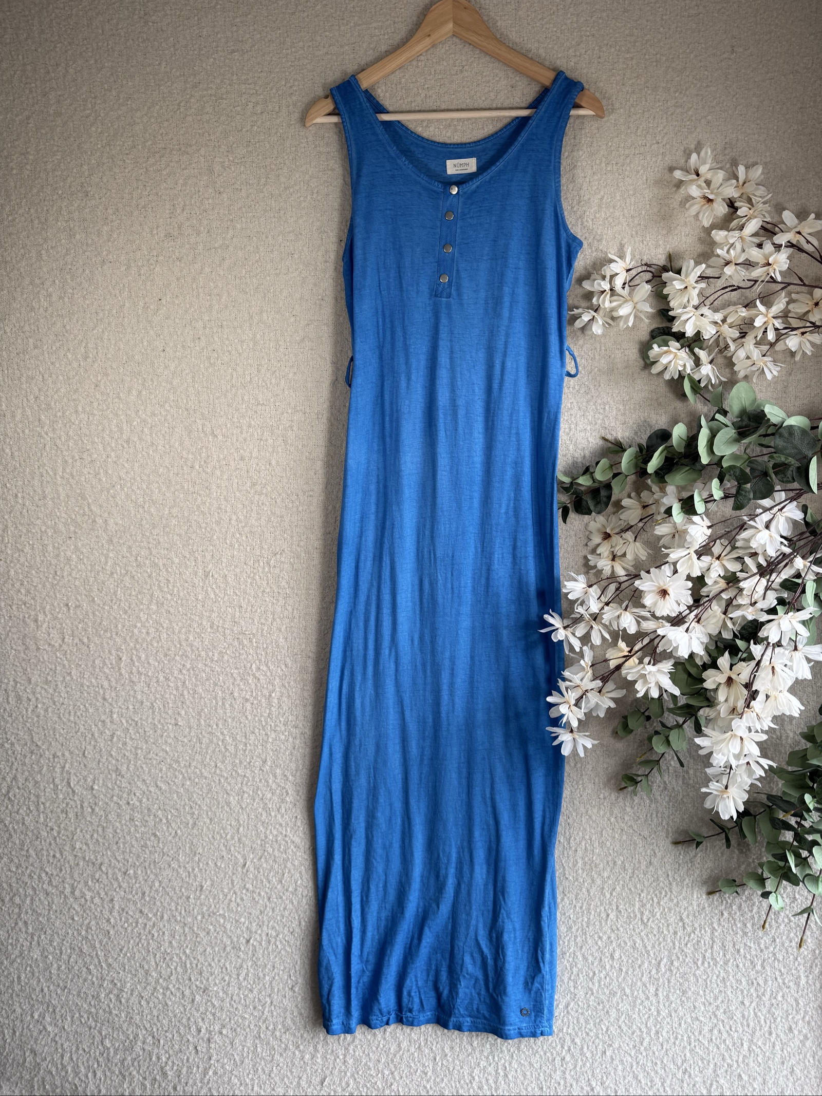 Nümph Blue Maxi Dress UK Small Sleeveless Button Detail Summer Casual