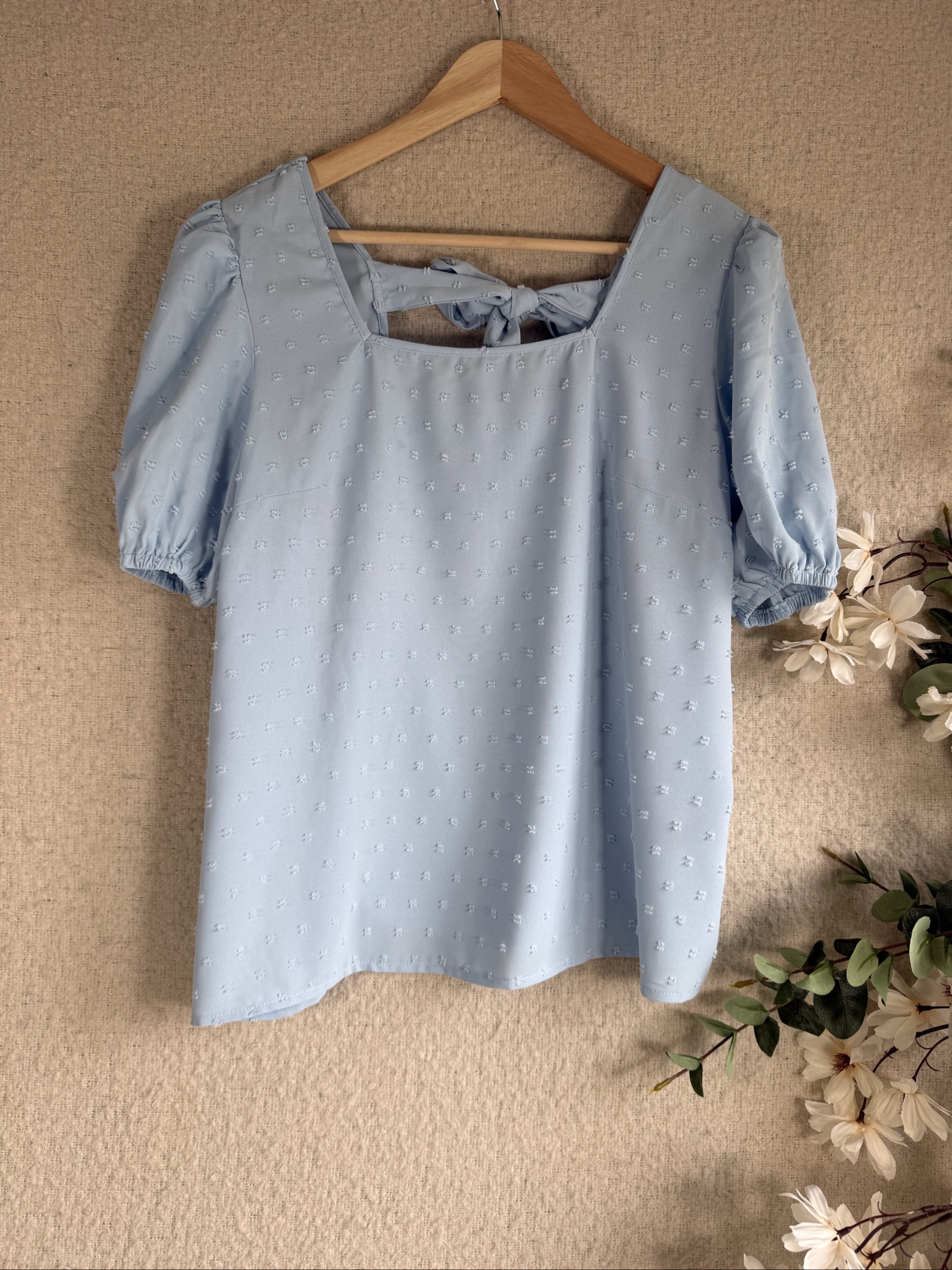 Shein Light Blue Puff Sleeve Blouse Large UK 12 Summer Casual Top