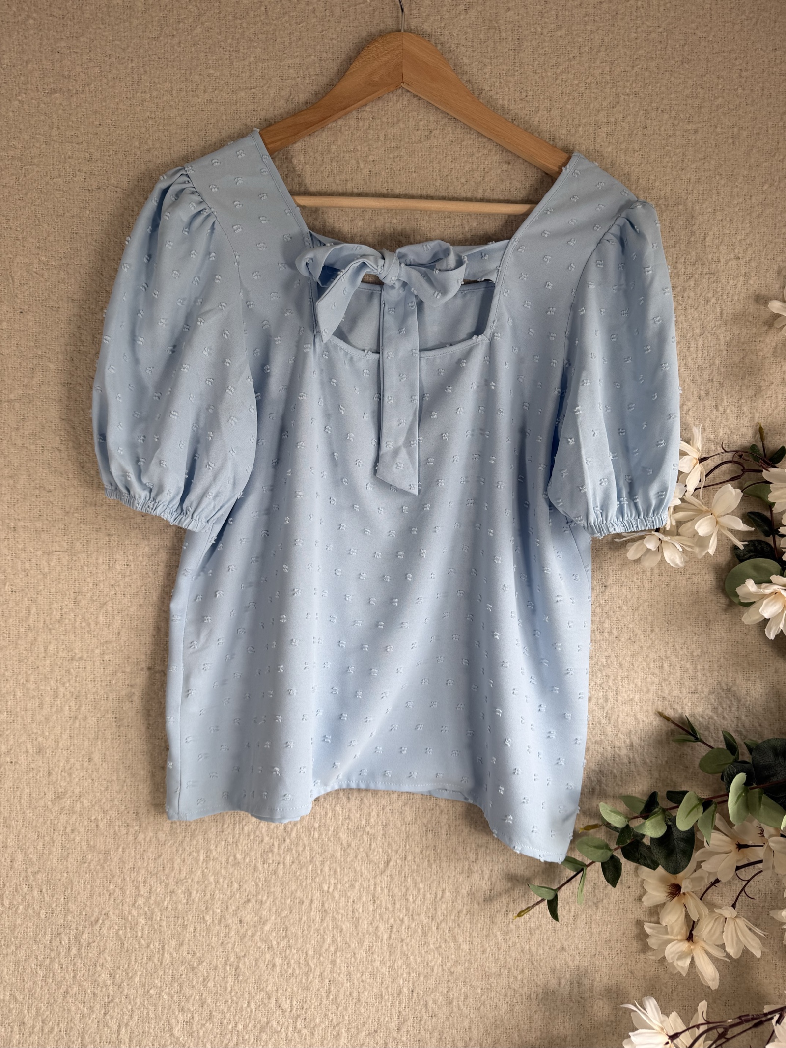 Shein Light Blue Puff Sleeve Blouse Large UK 12 Summer Casual Top image 3