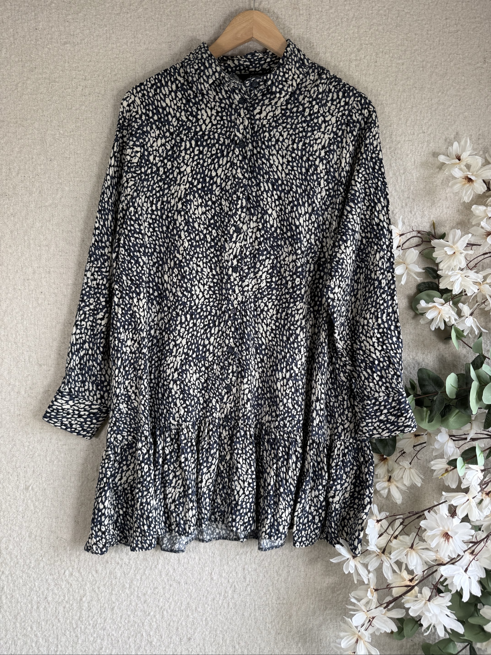 George Navy & White Patterned Shirt Dress UK 14 Relaxed Fit Long Sleeve