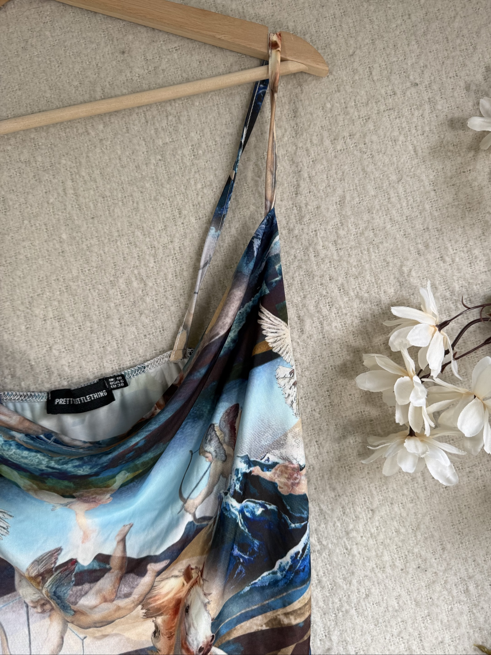 PrettyLittleThing Blue Artistic Print Midi Dress UK 10 Ruched Detail Strappy image 2