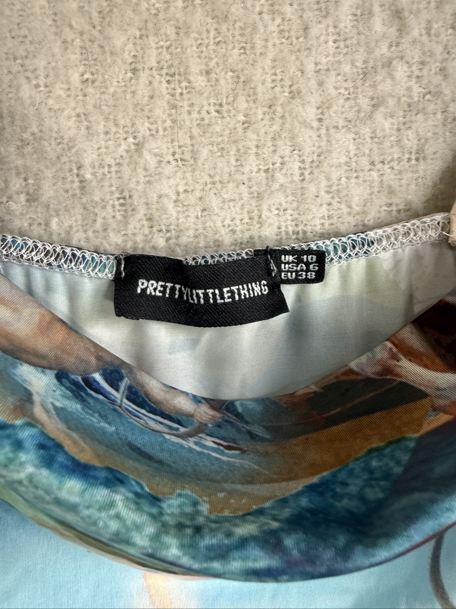 PrettyLittleThing Blue Artistic Print Midi Dress UK 10 Ruched Detail Strappy image 3