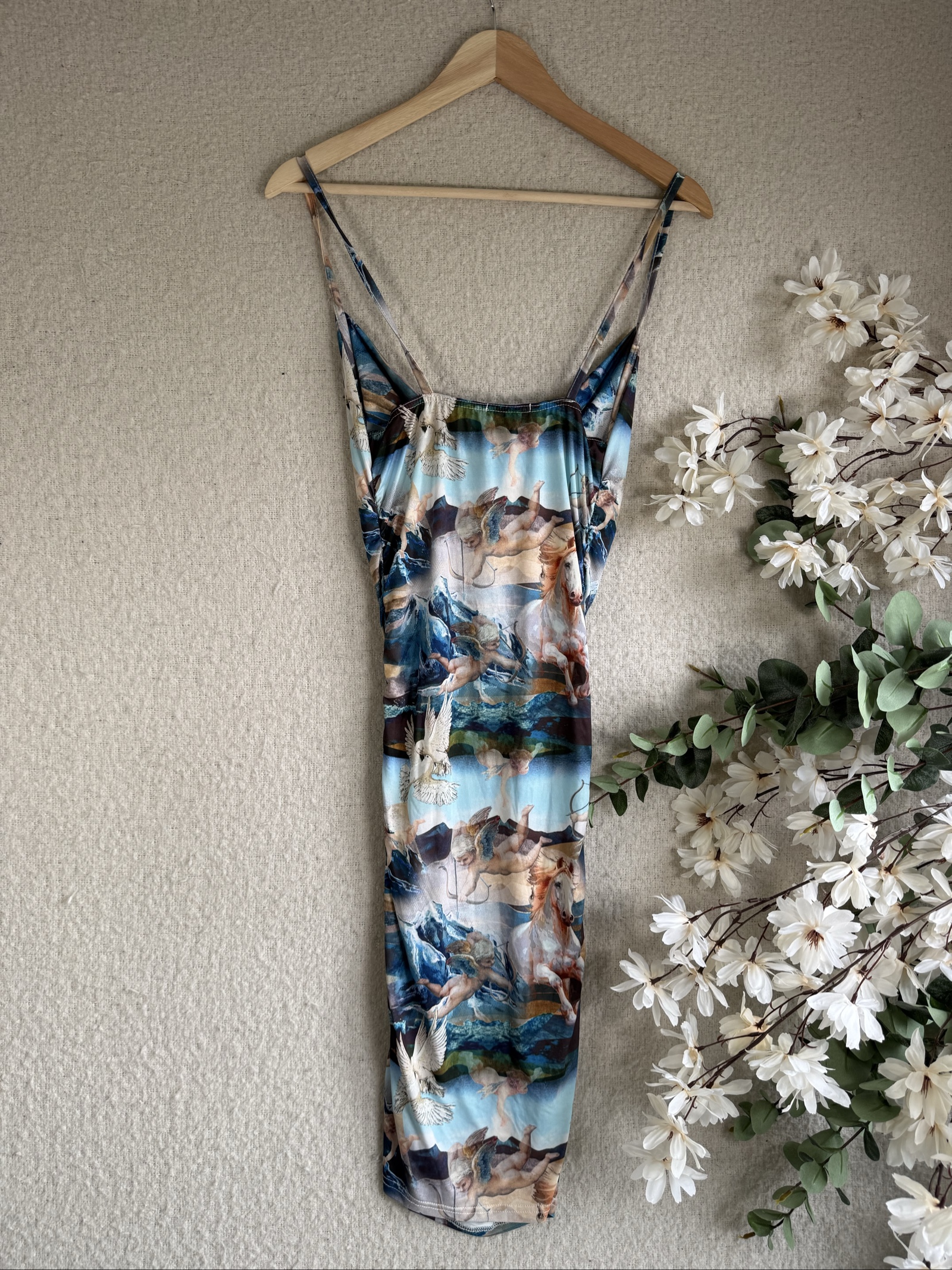 PrettyLittleThing Blue Artistic Print Midi Dress UK 10 Ruched Detail Strappy image 4