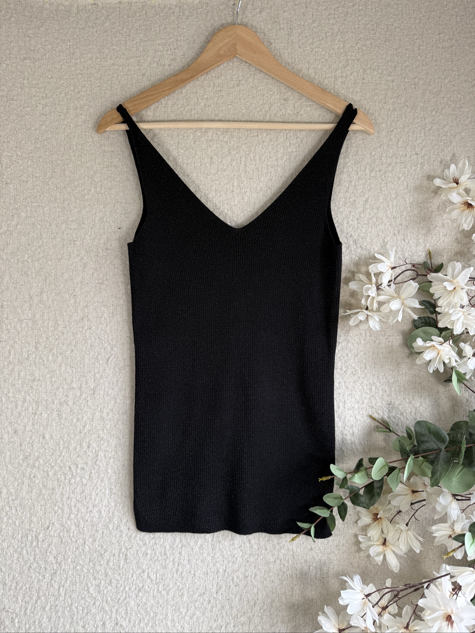 F&F Black Ribbed V Neck Sleeveless Tank Top UK 10 Classic Casual Knitwear