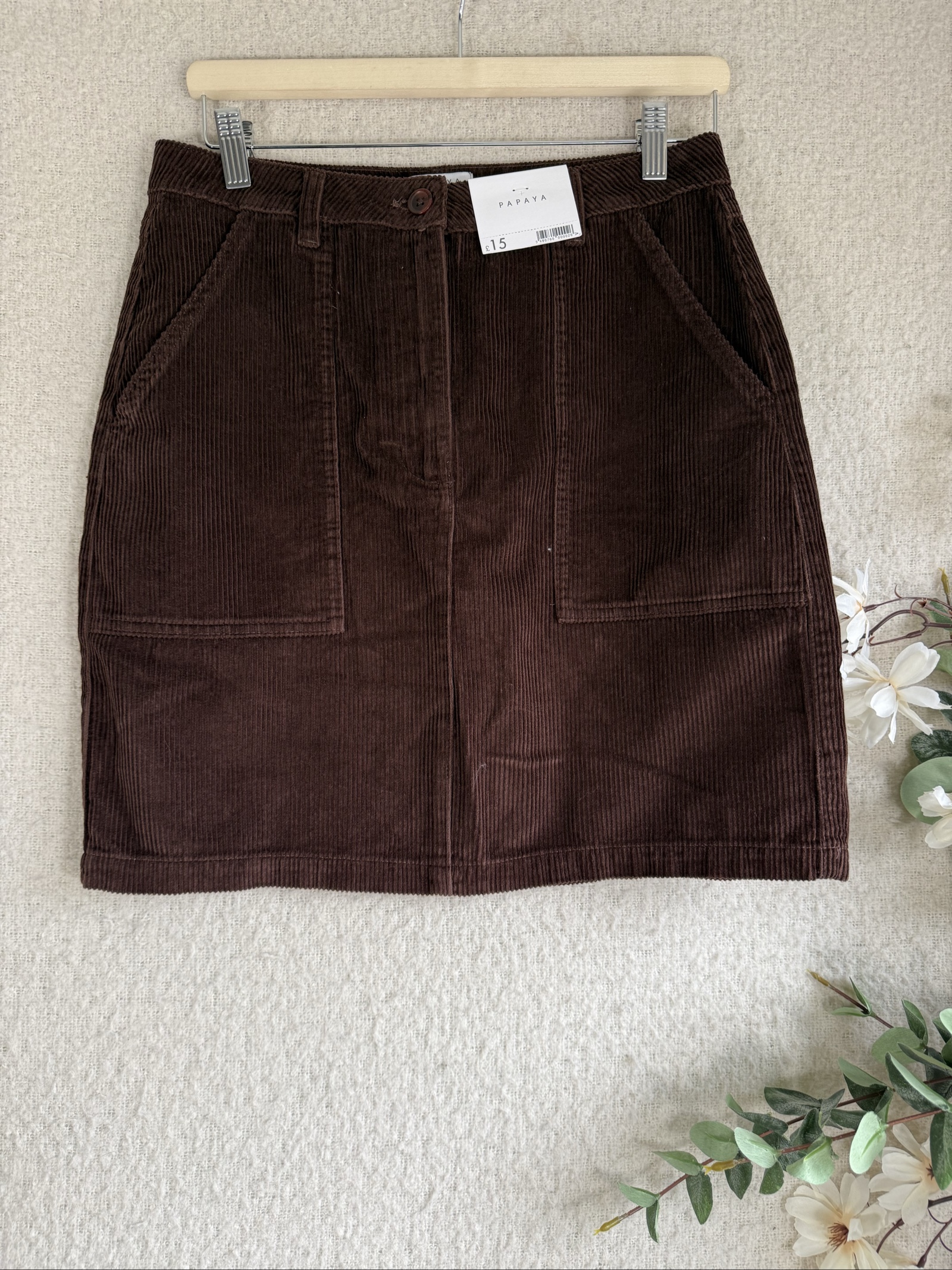Papaya Brown Corduroy Mini Skirt UK 10 Casual Stretchy Pocket Detail
