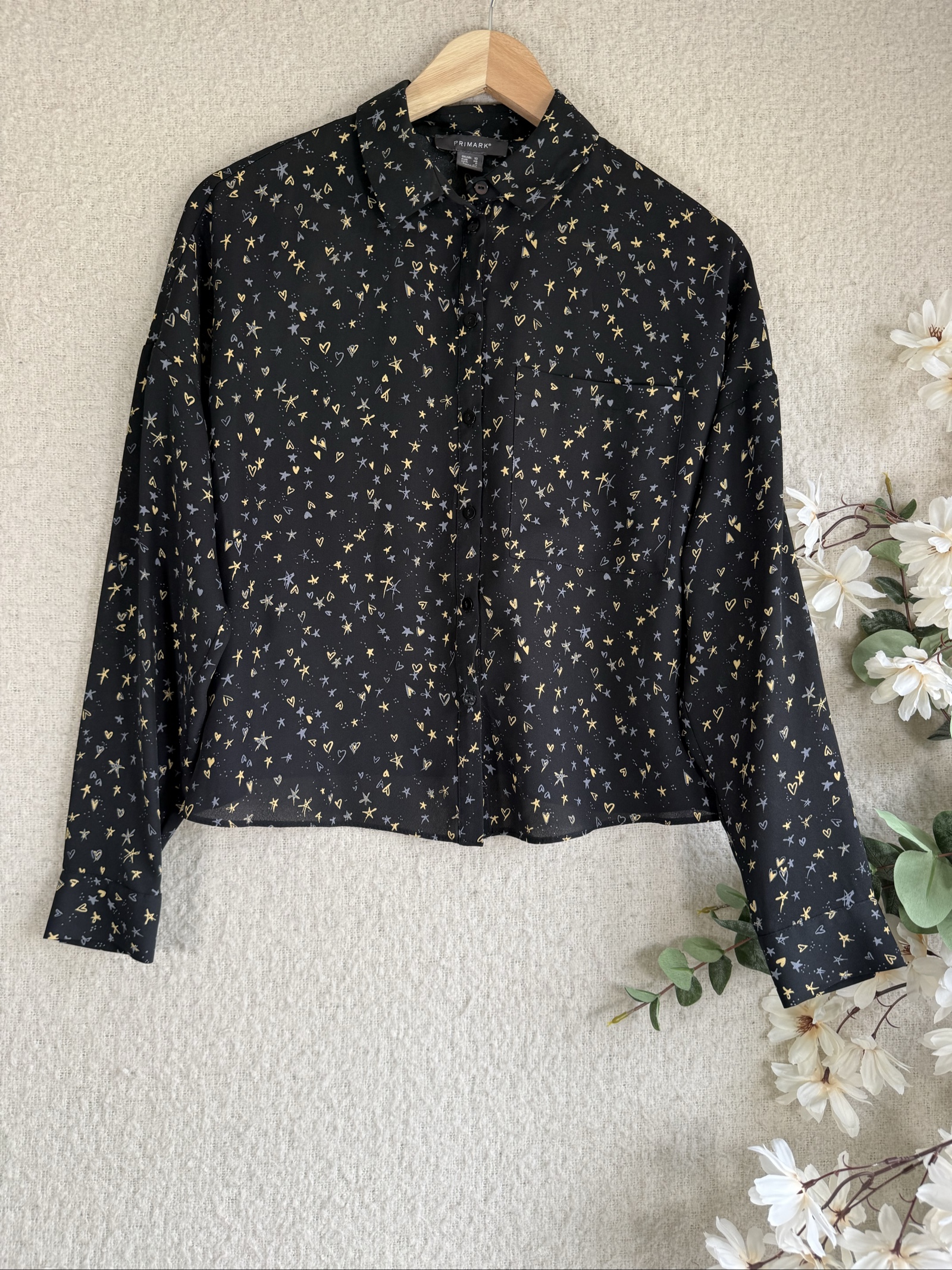 Primark Black Heart & Stars Print Long Sleeve Shirt UK 10 Stylish Casual Alternative