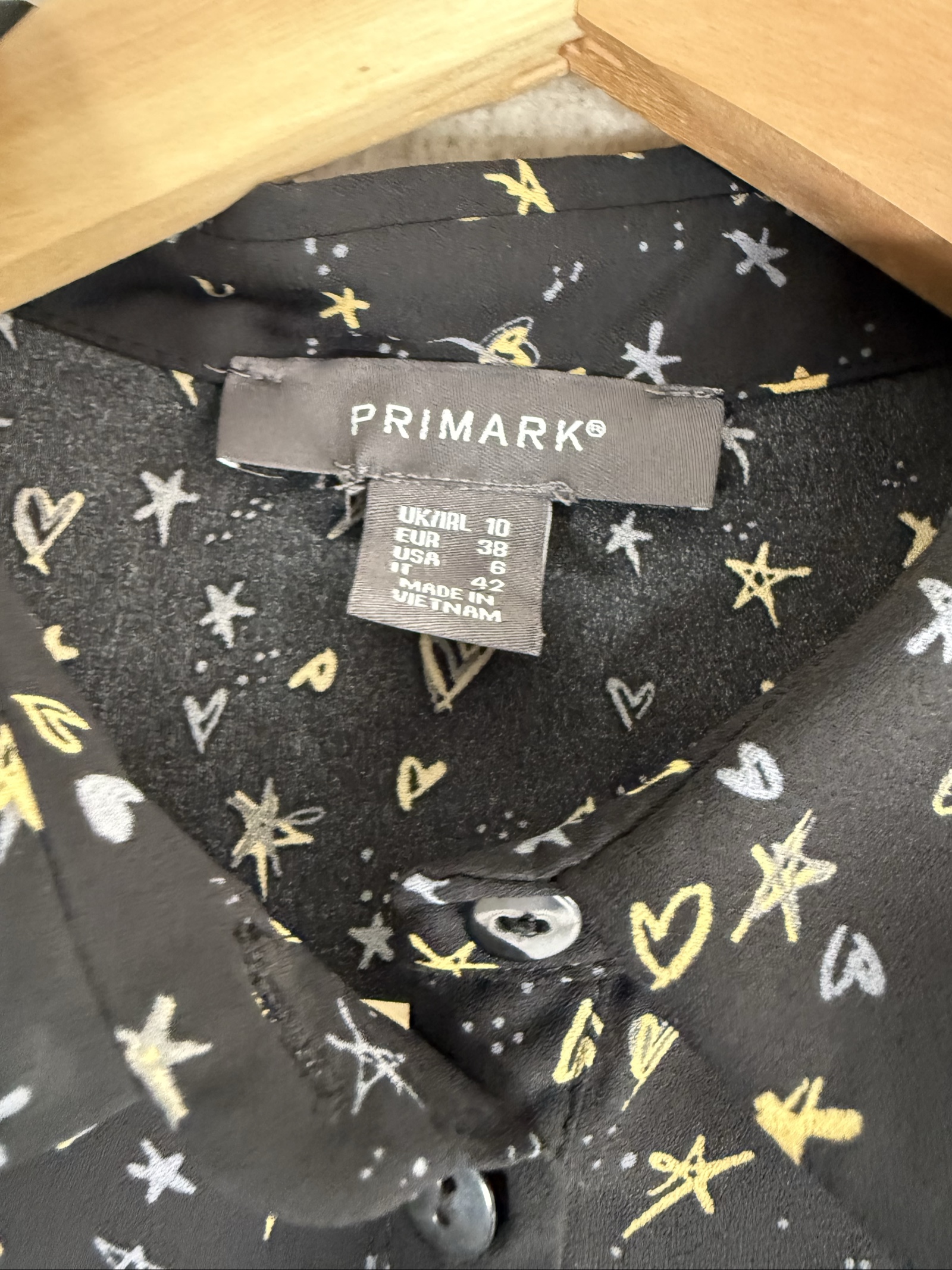 Primark Black Heart & Stars Print Long Sleeve Shirt UK 10 Stylish Casual Alternative image 2