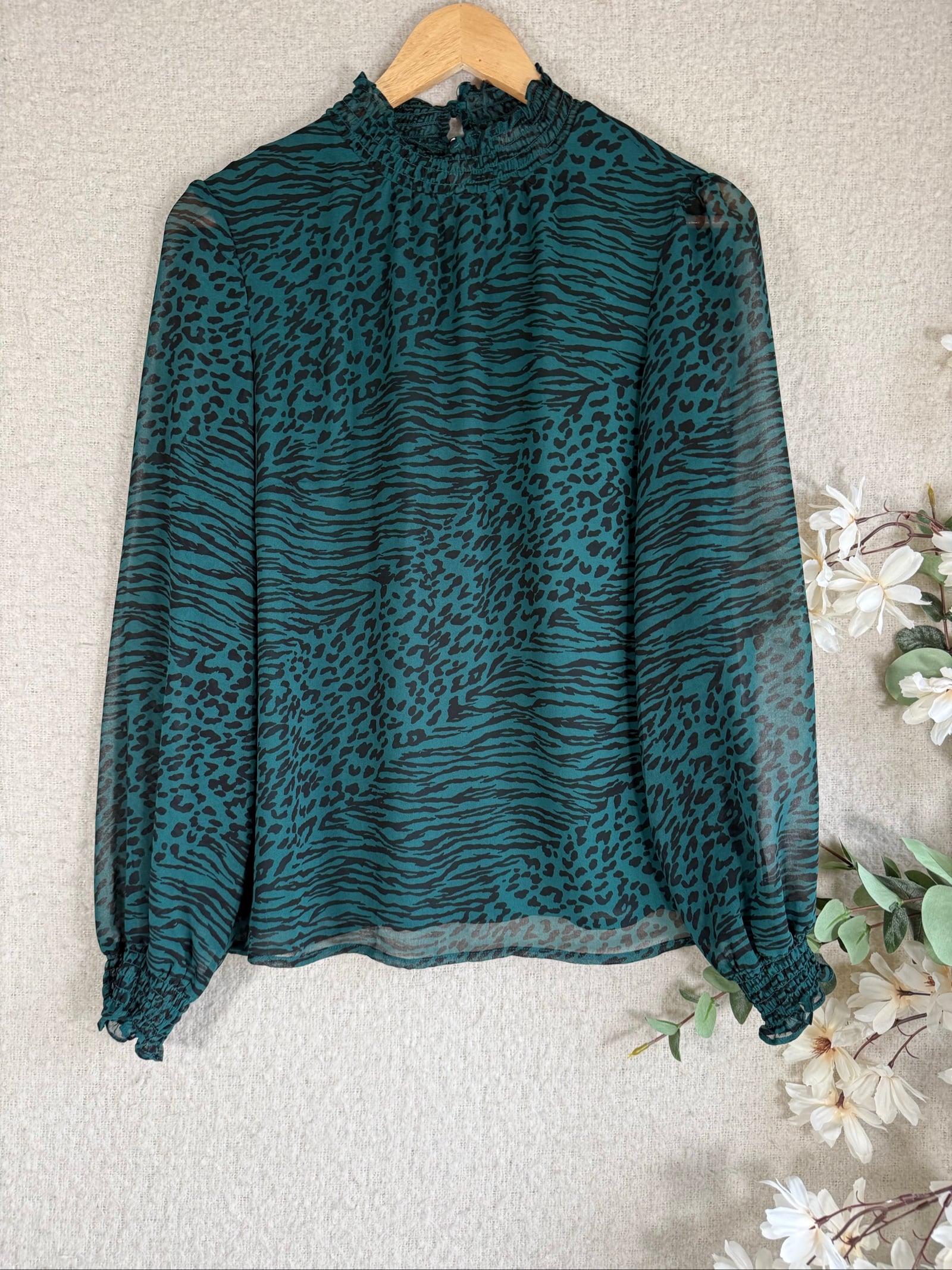 Oasis Green & Black Animal Print Sheer Blouse UK 12 High Neck Long Sleeve