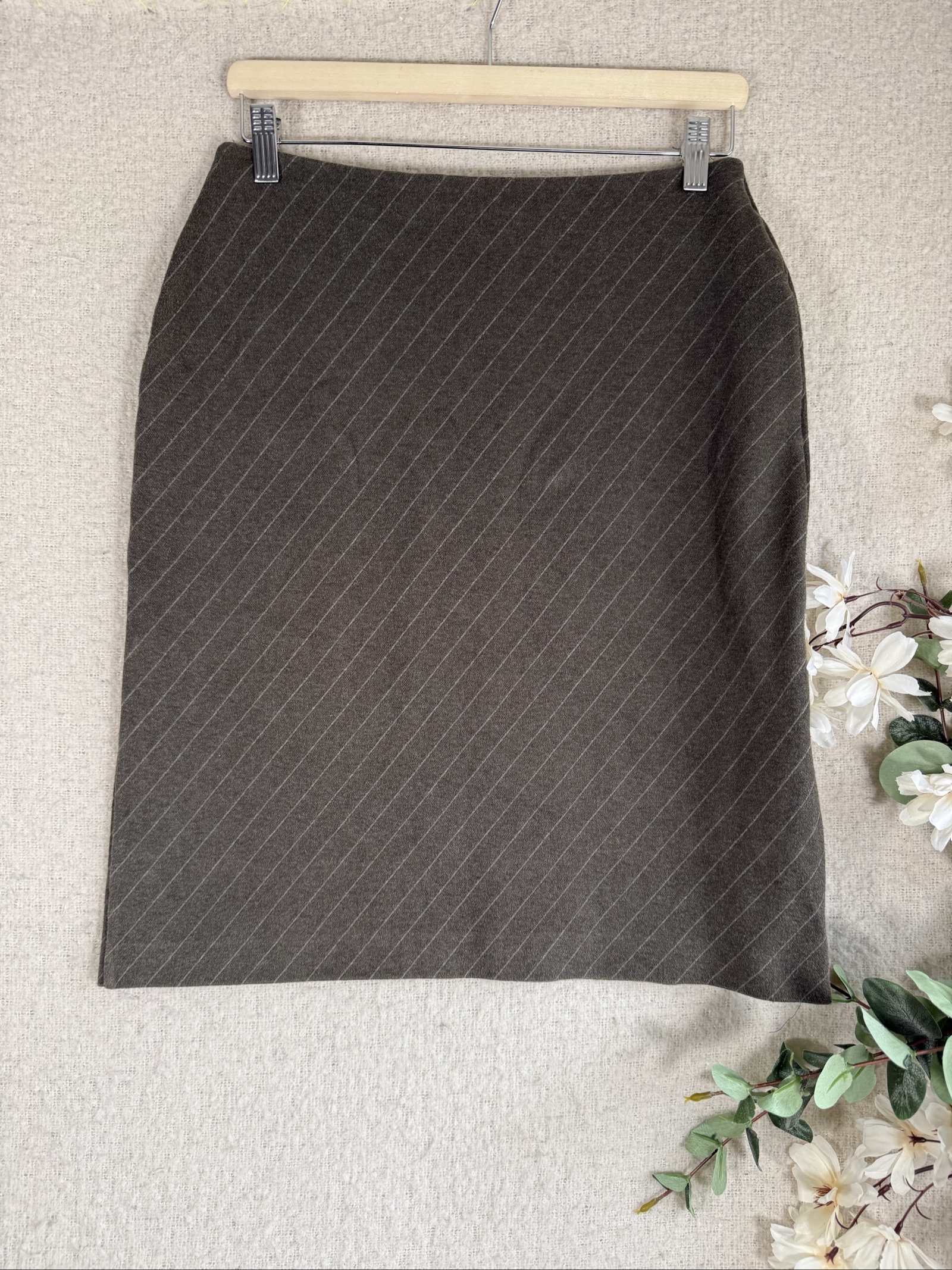 Marks & Spencer Green Mix Pinstripe Skirt UK 12 Wool Blend Classic Fit