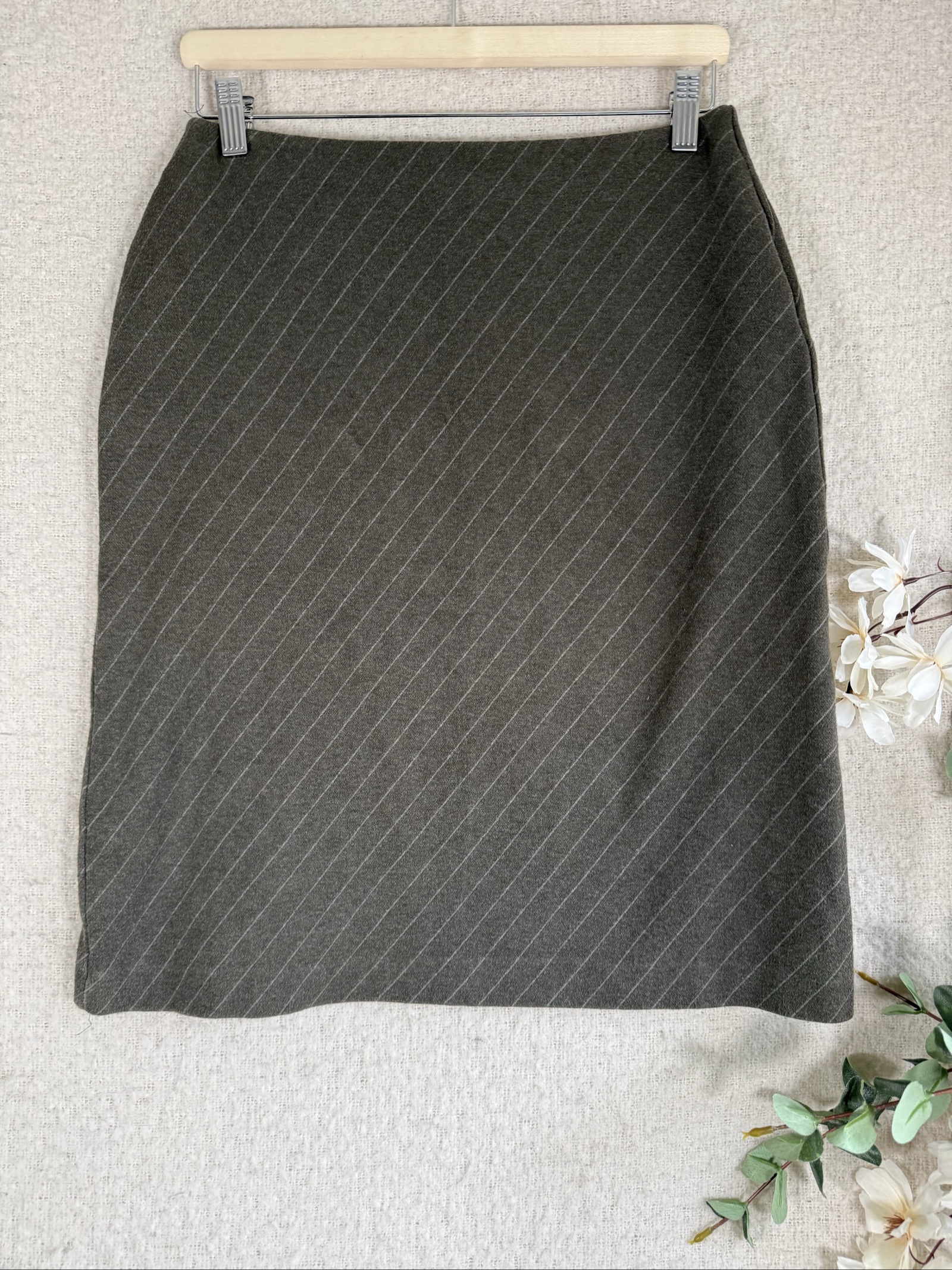 Marks & Spencer Green Mix Pinstripe Skirt UK 12 Wool Blend Classic Fit image 4